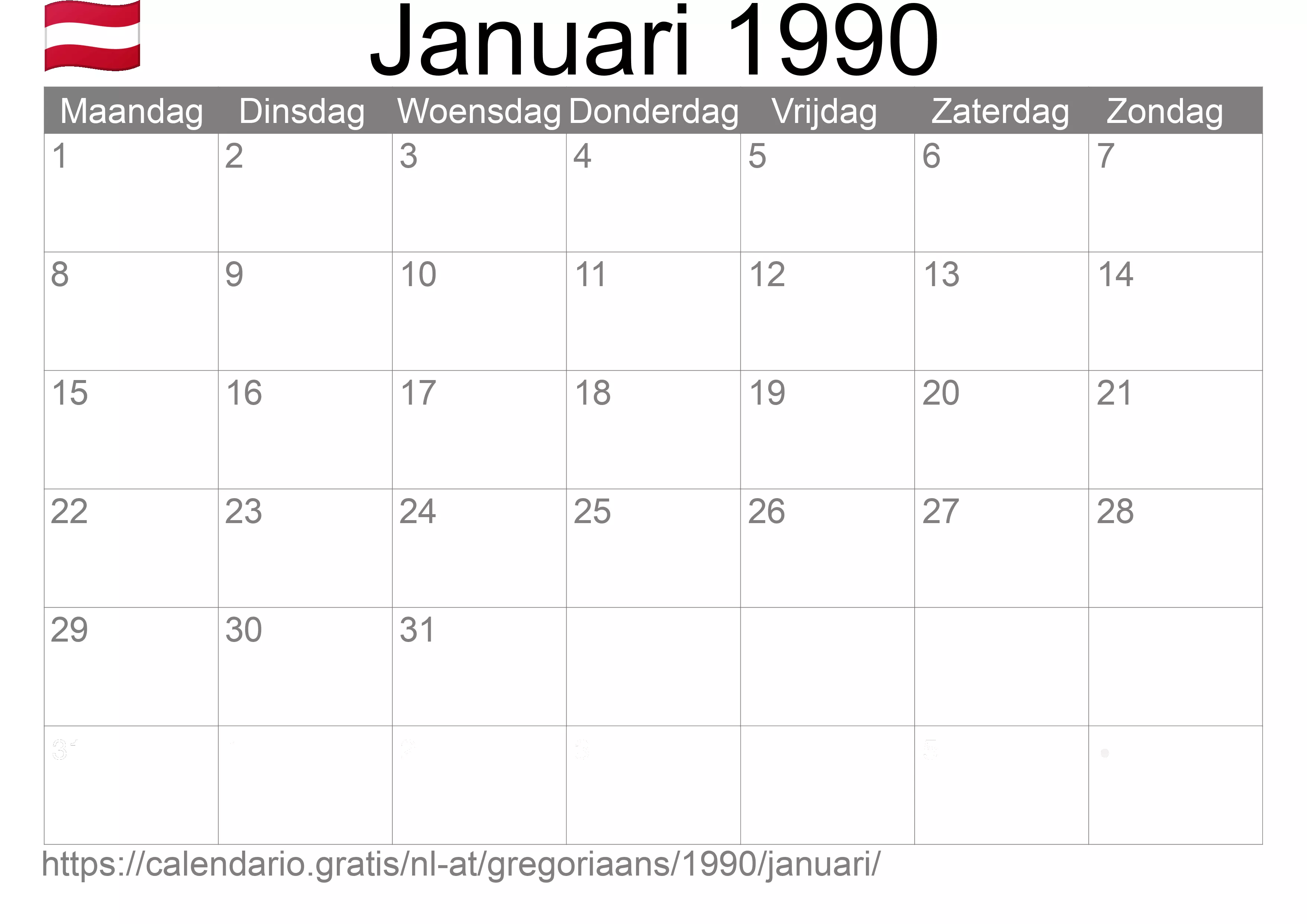 Kalender Januari 1990 om af te drukken (Oostenrijk)