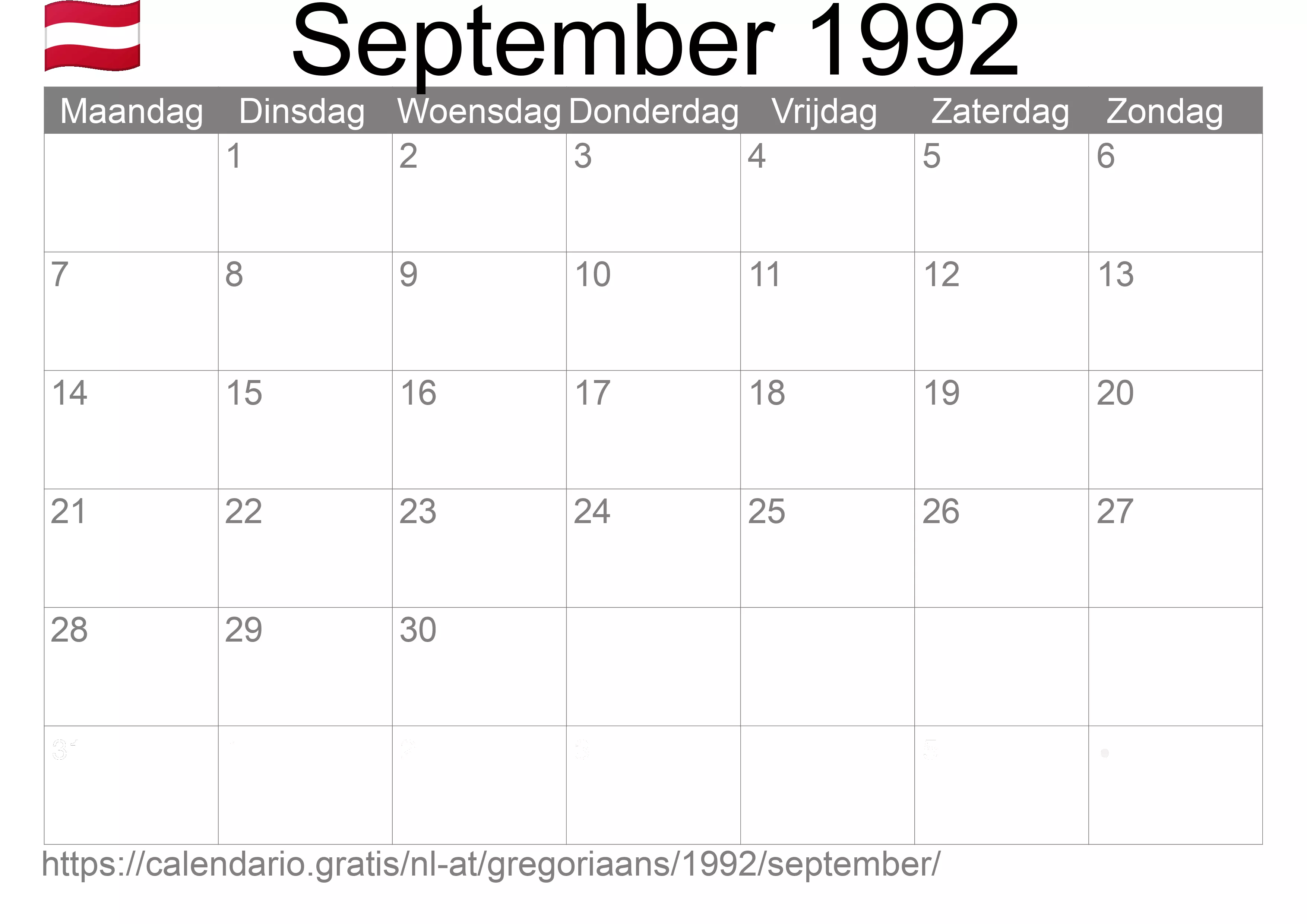 Kalender September 1992 om af te drukken (Oostenrijk)