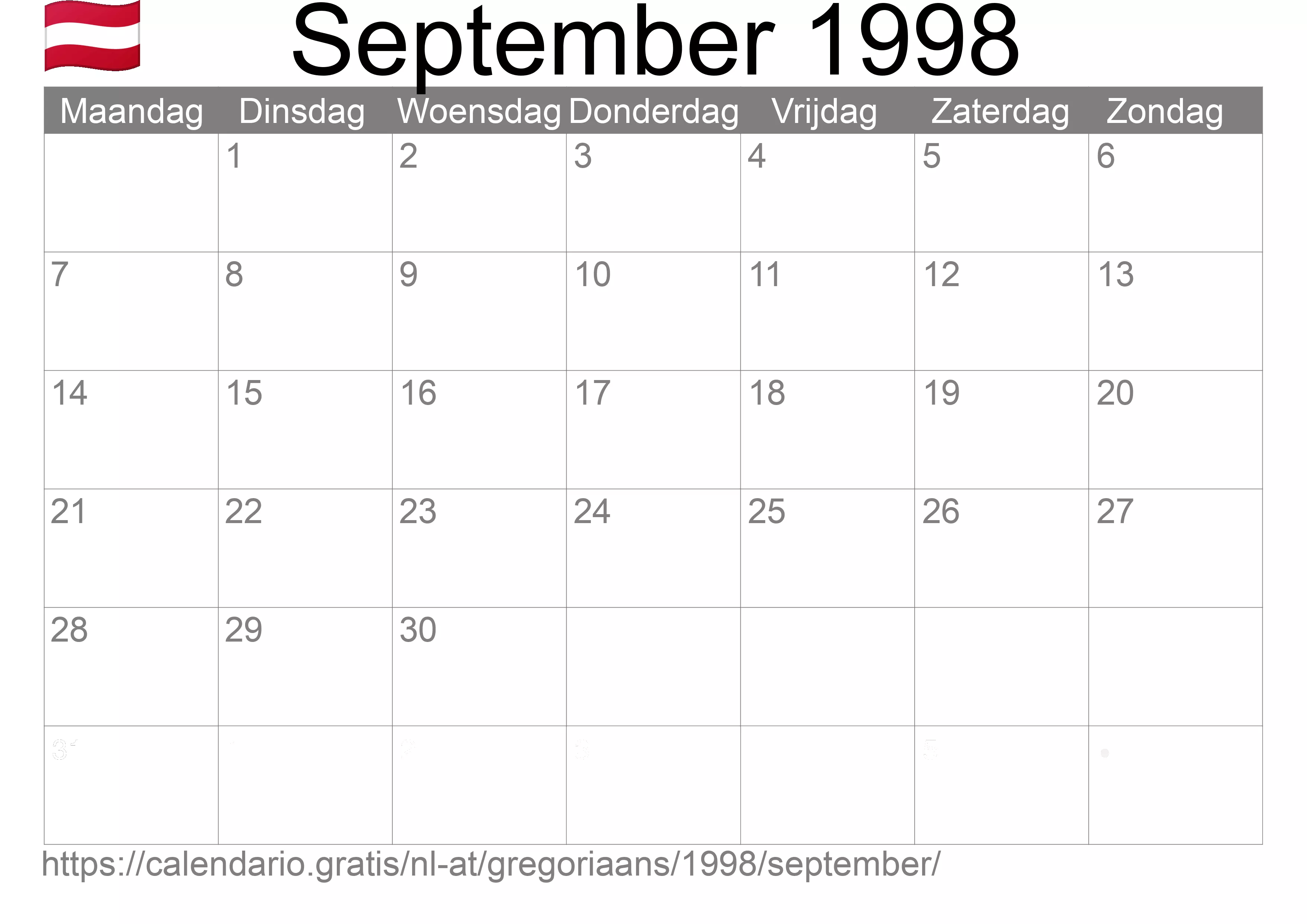Kalender September 1998 om af te drukken (Oostenrijk)