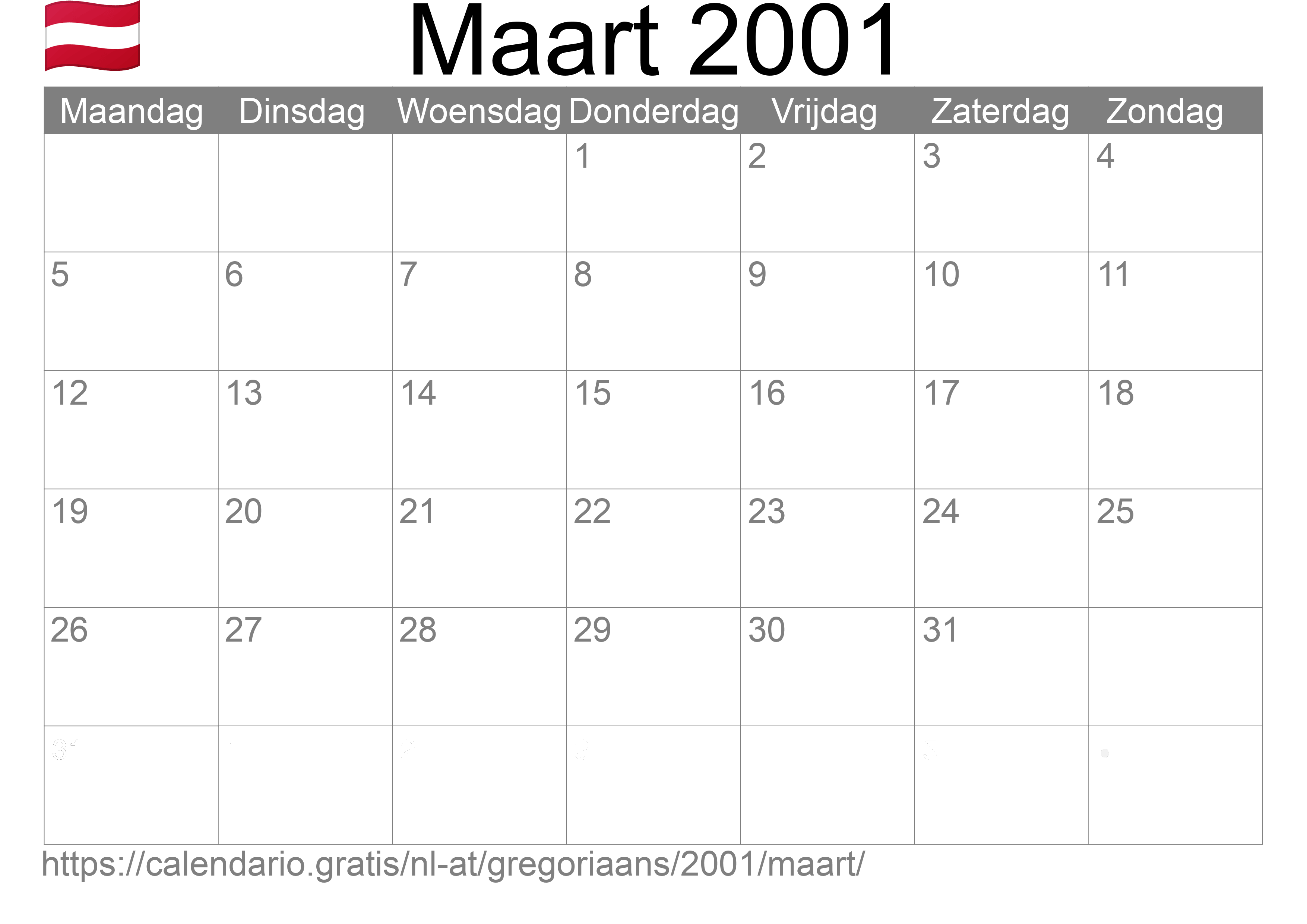 Kalender Maart 2001 om af te drukken