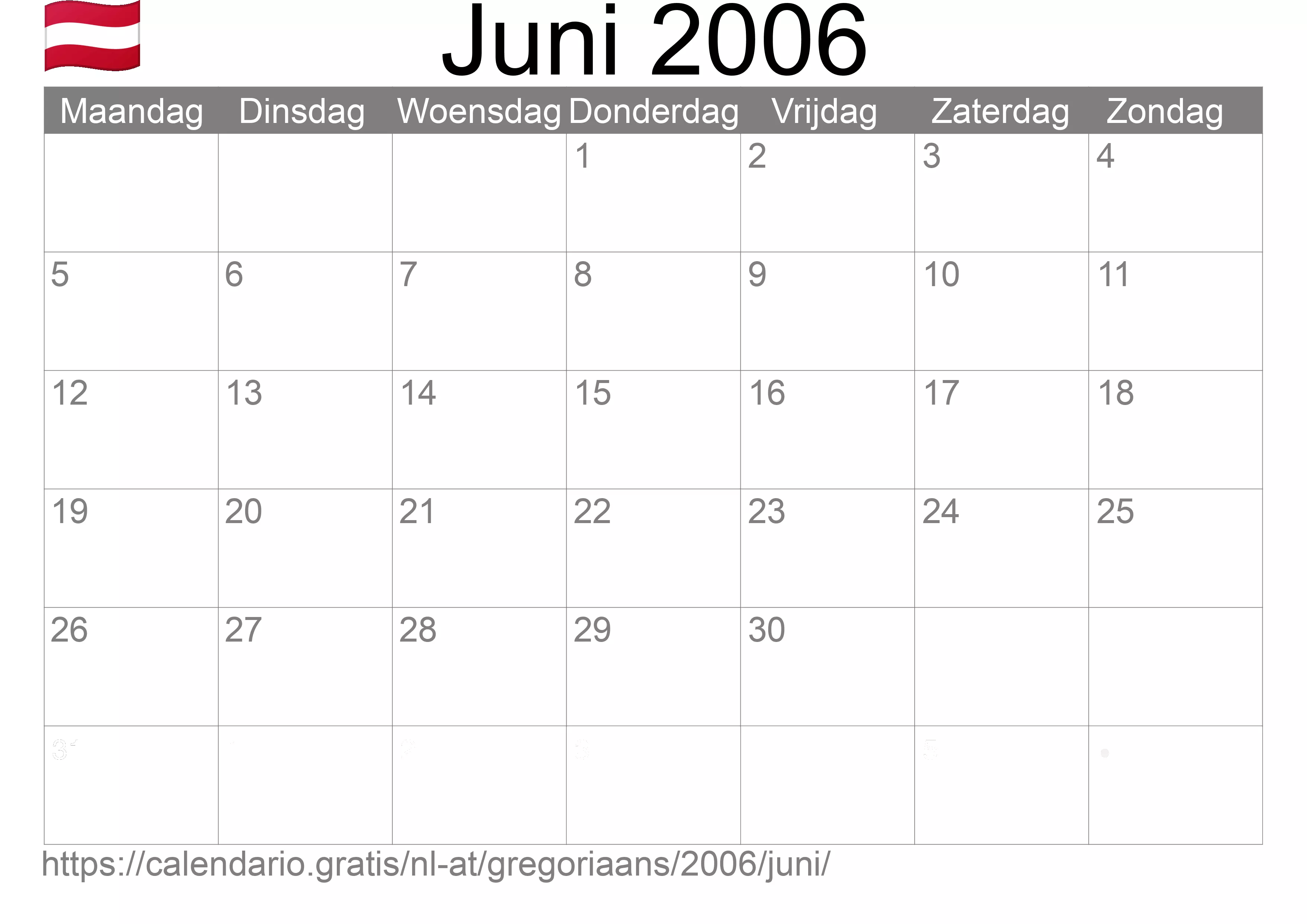 Kalender Juni 2006 om af te drukken (Oostenrijk)
