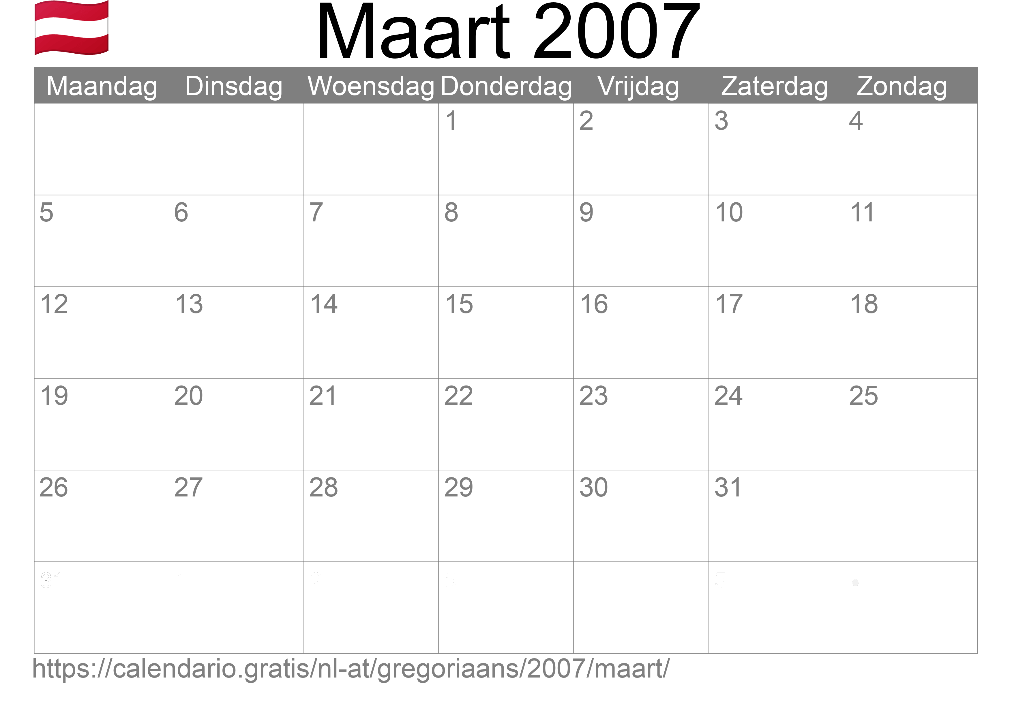 Kalender Maart 2007 om af te drukken