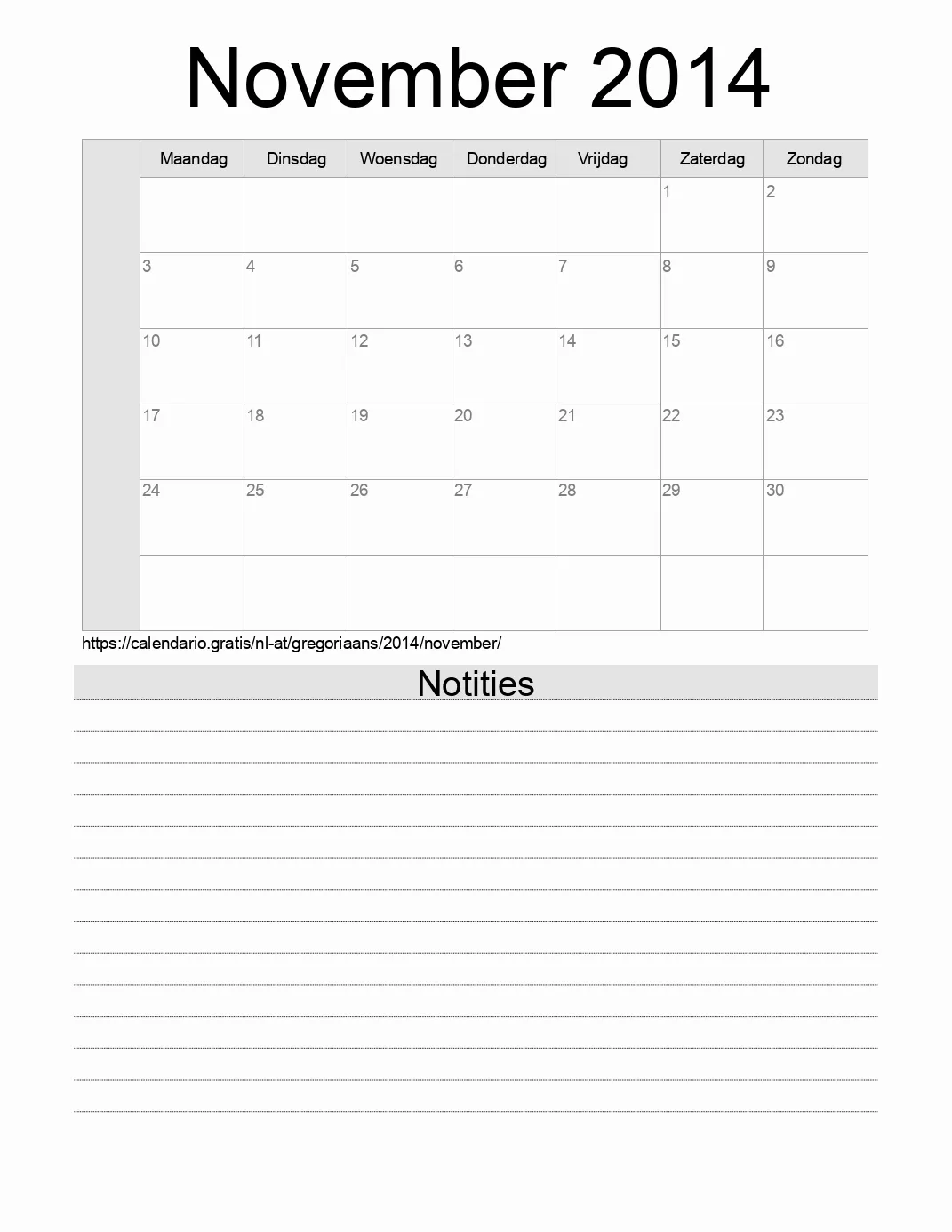 Kalender voor November 2014 om af te drukken met notities. (Oostenrijk)