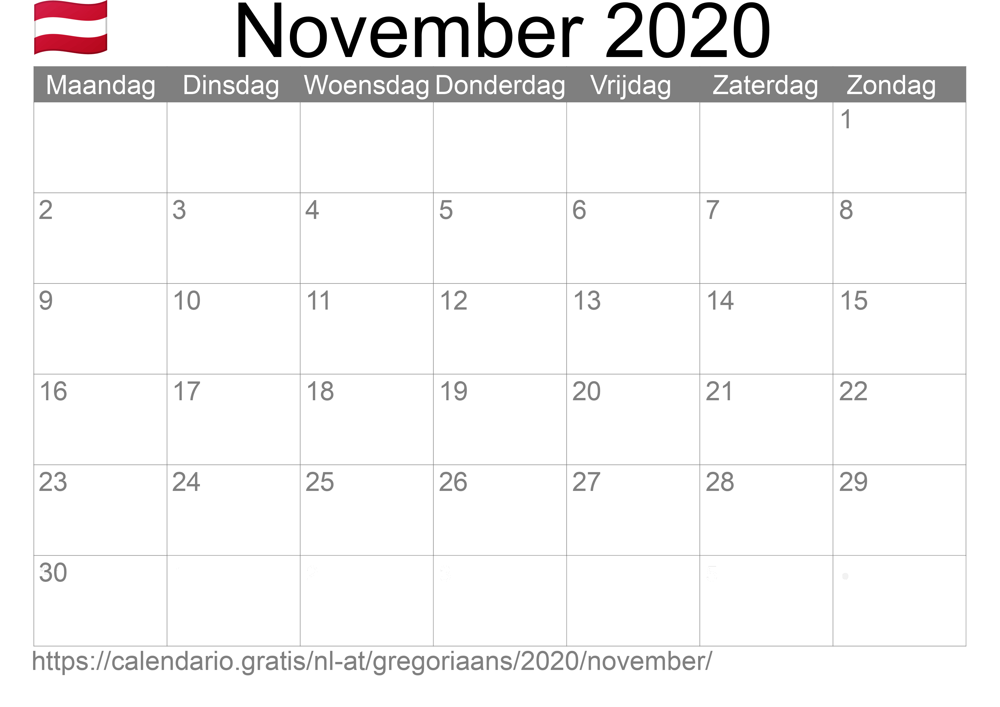 Kalender November 2020 om af te drukken