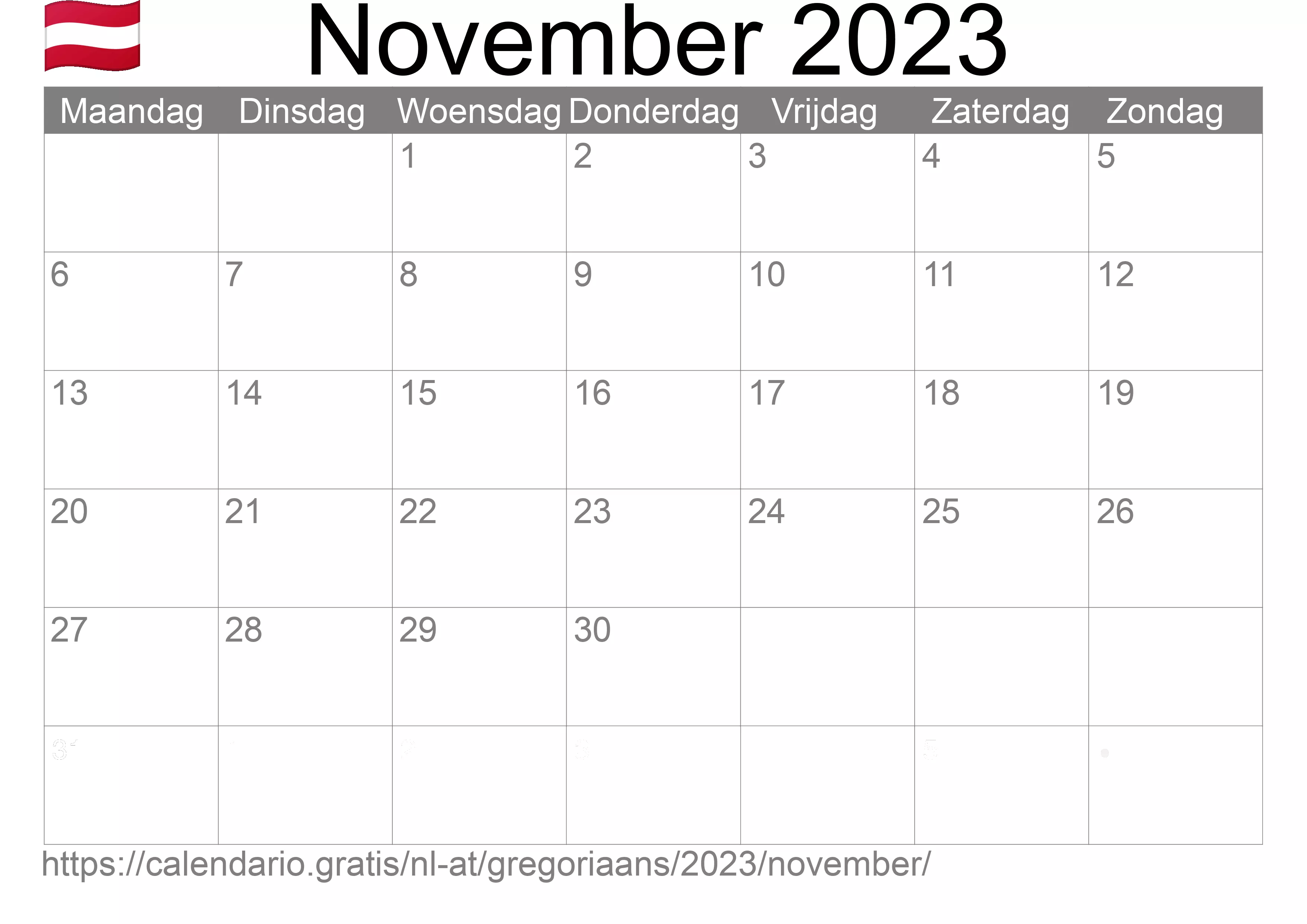 Kalender November 2023 om af te drukken (Oostenrijk)