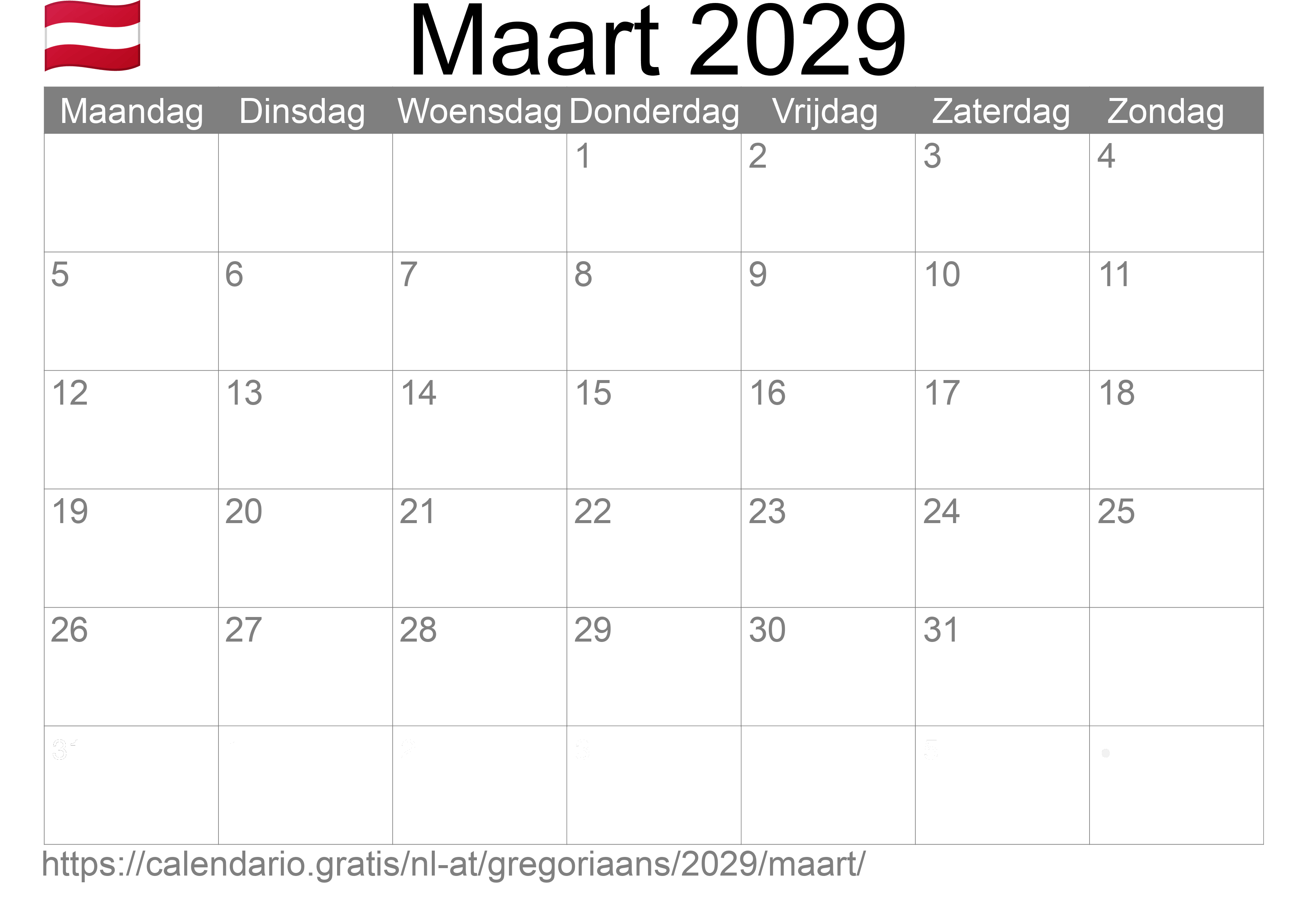 Kalender Maart 2029 om af te drukken