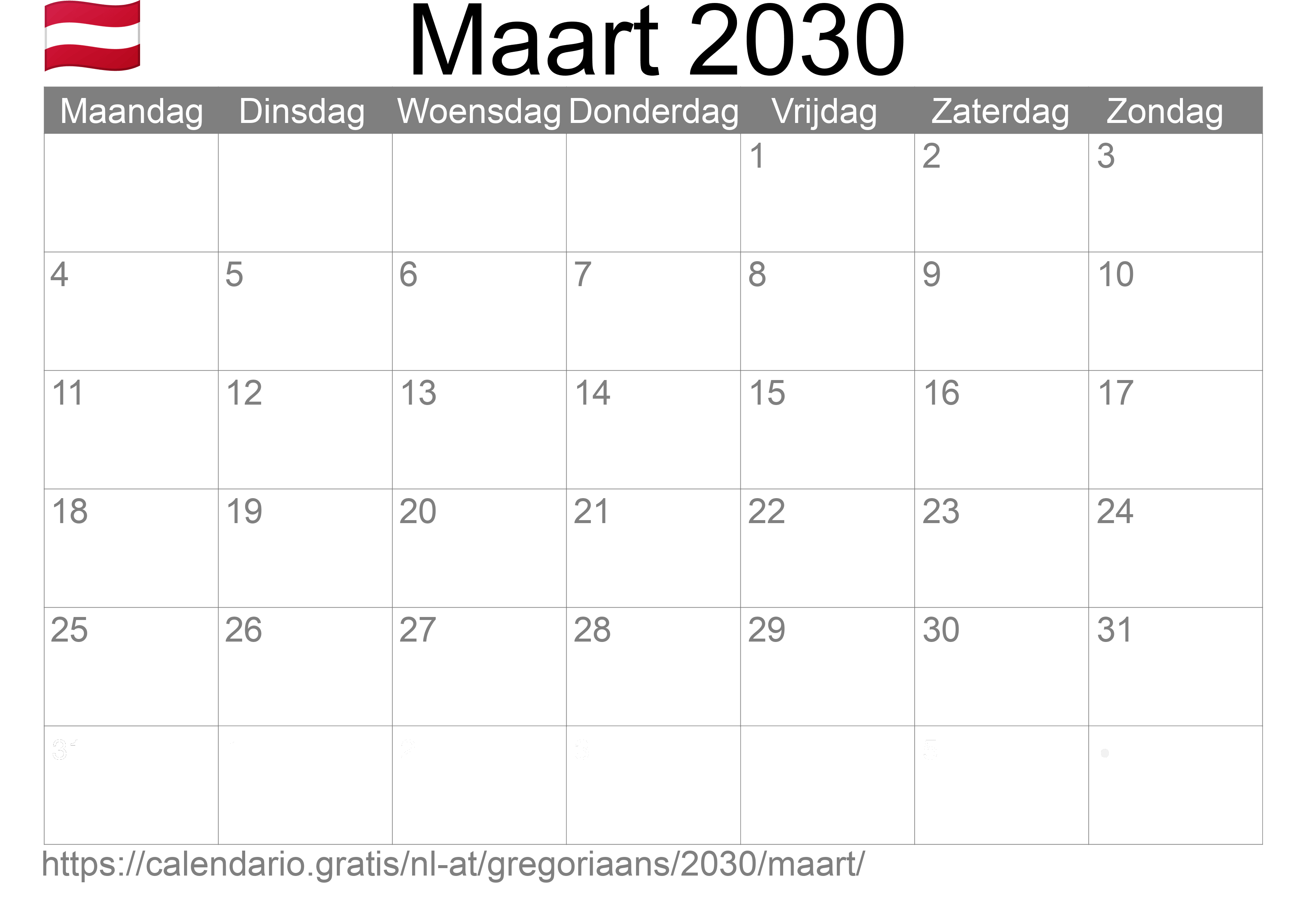 Kalender Maart 2030 om af te drukken