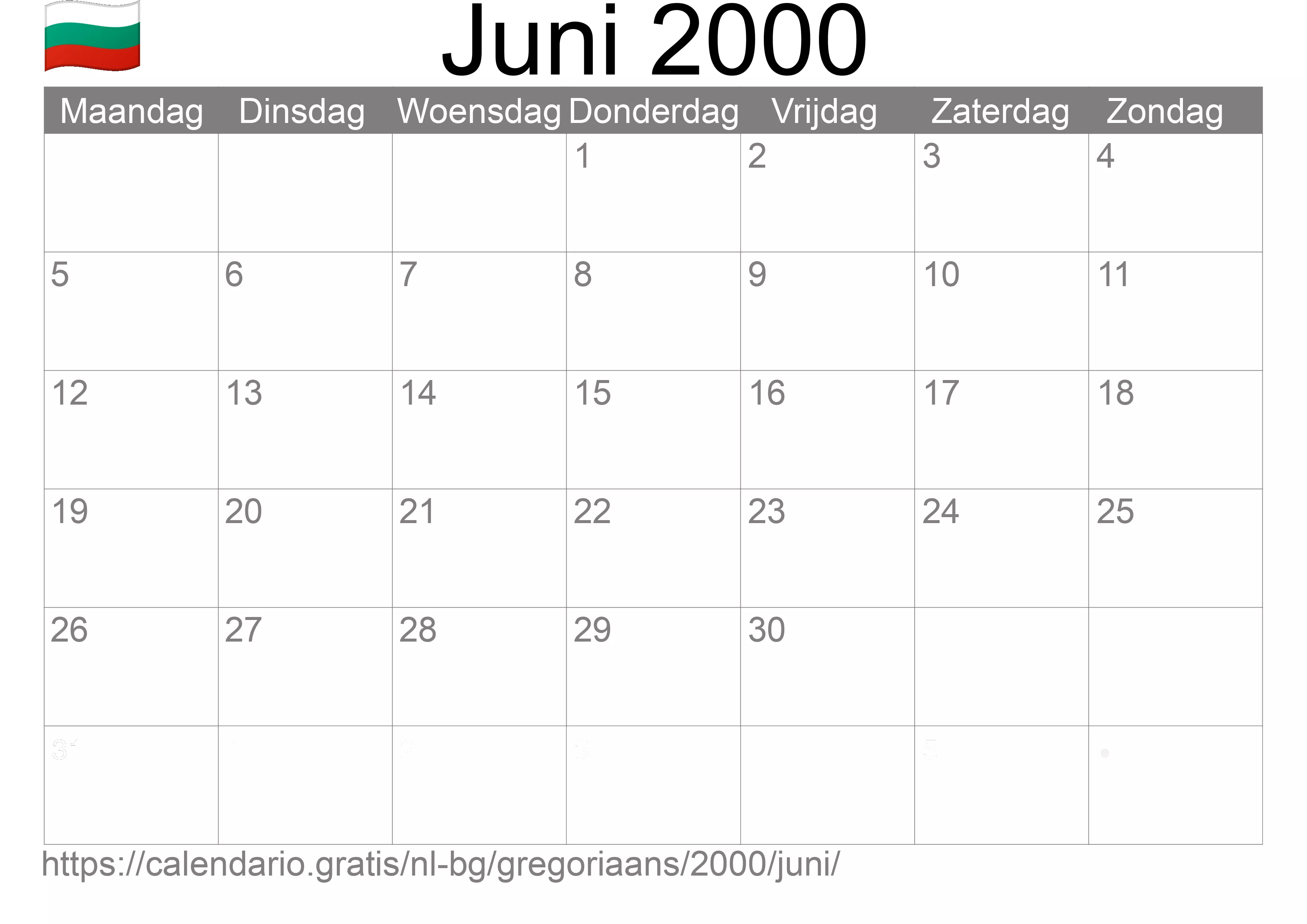 Kalender Juni 2000 om af te drukken (Bulgarije)