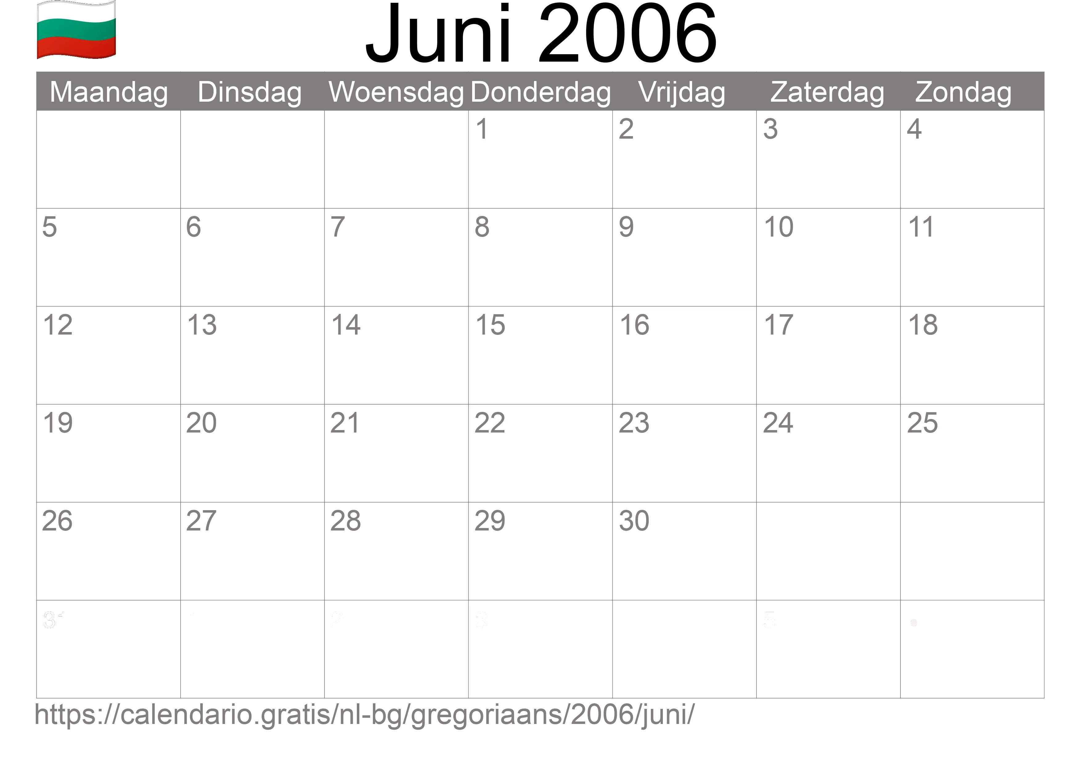Kalender Juni 2006 om af te drukken (Bulgarije)