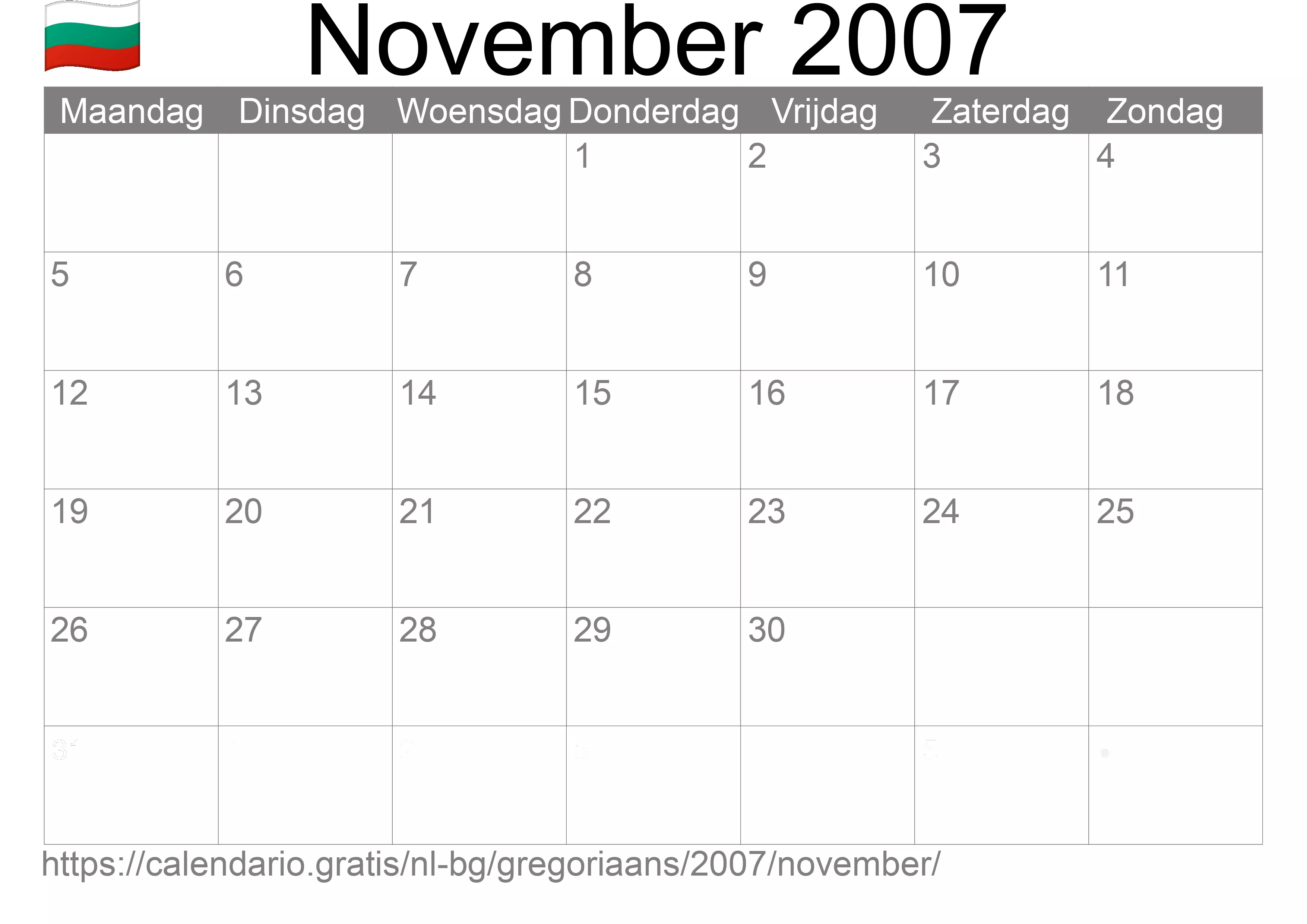 Kalender November 2007 om af te drukken (Bulgarije)