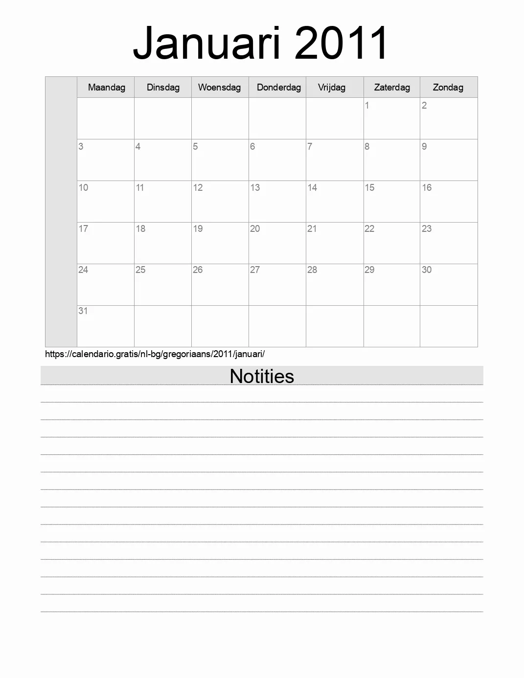 Kalender voor Januari 2011 om af te drukken met notities. (Bulgarije)