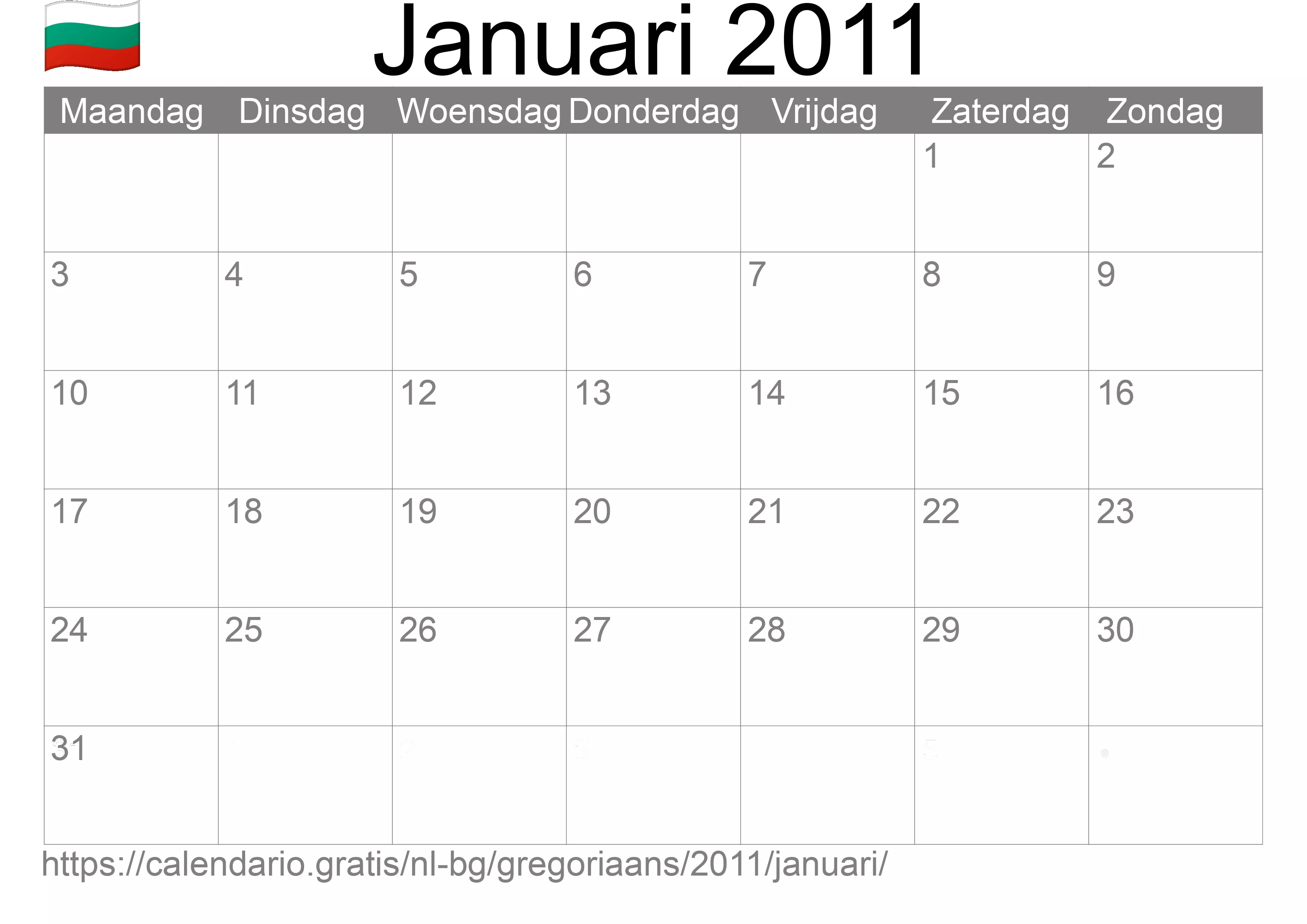 Kalender Januari 2011 om af te drukken (Bulgarije)
