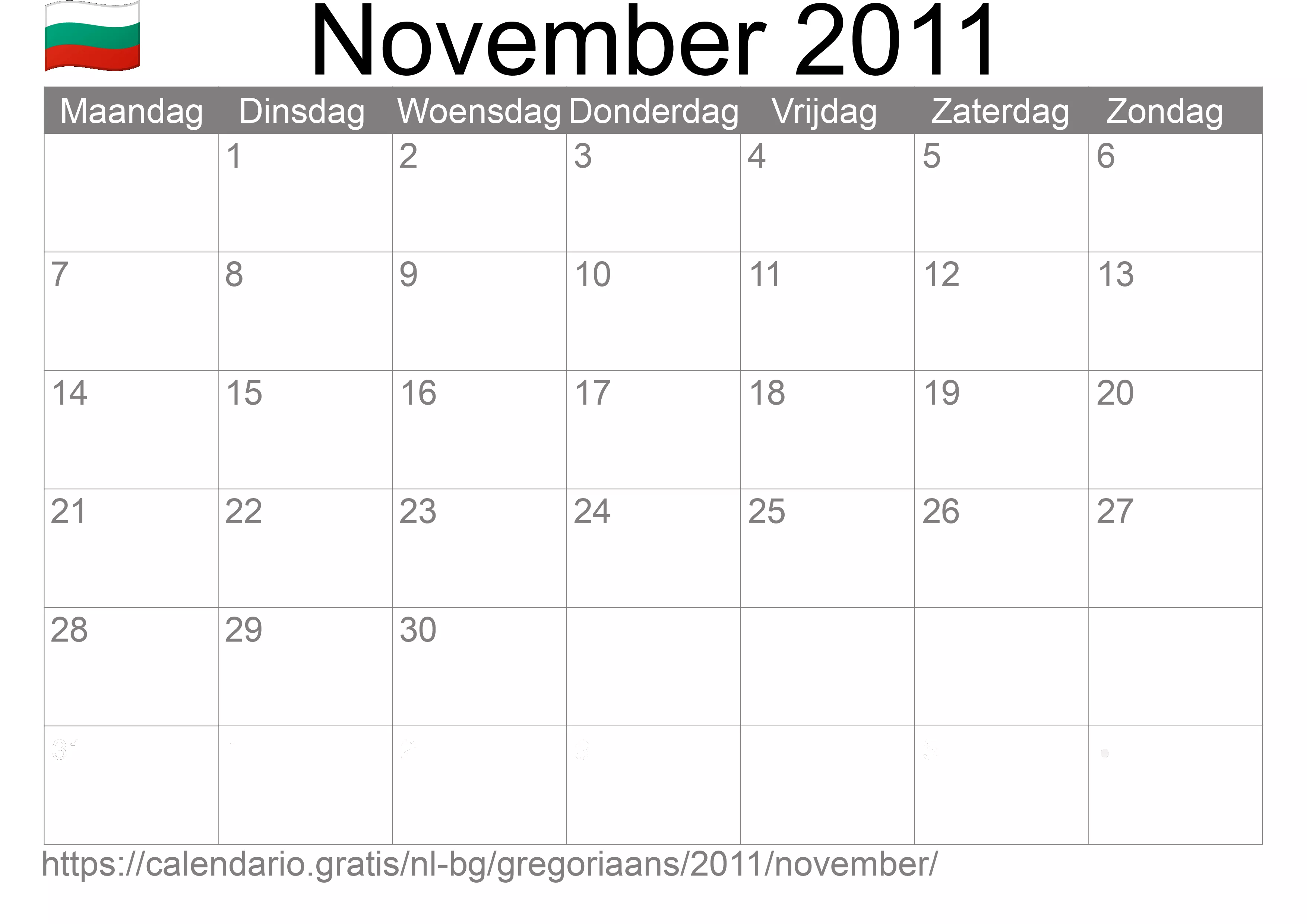 Kalender November 2011 om af te drukken (Bulgarije)