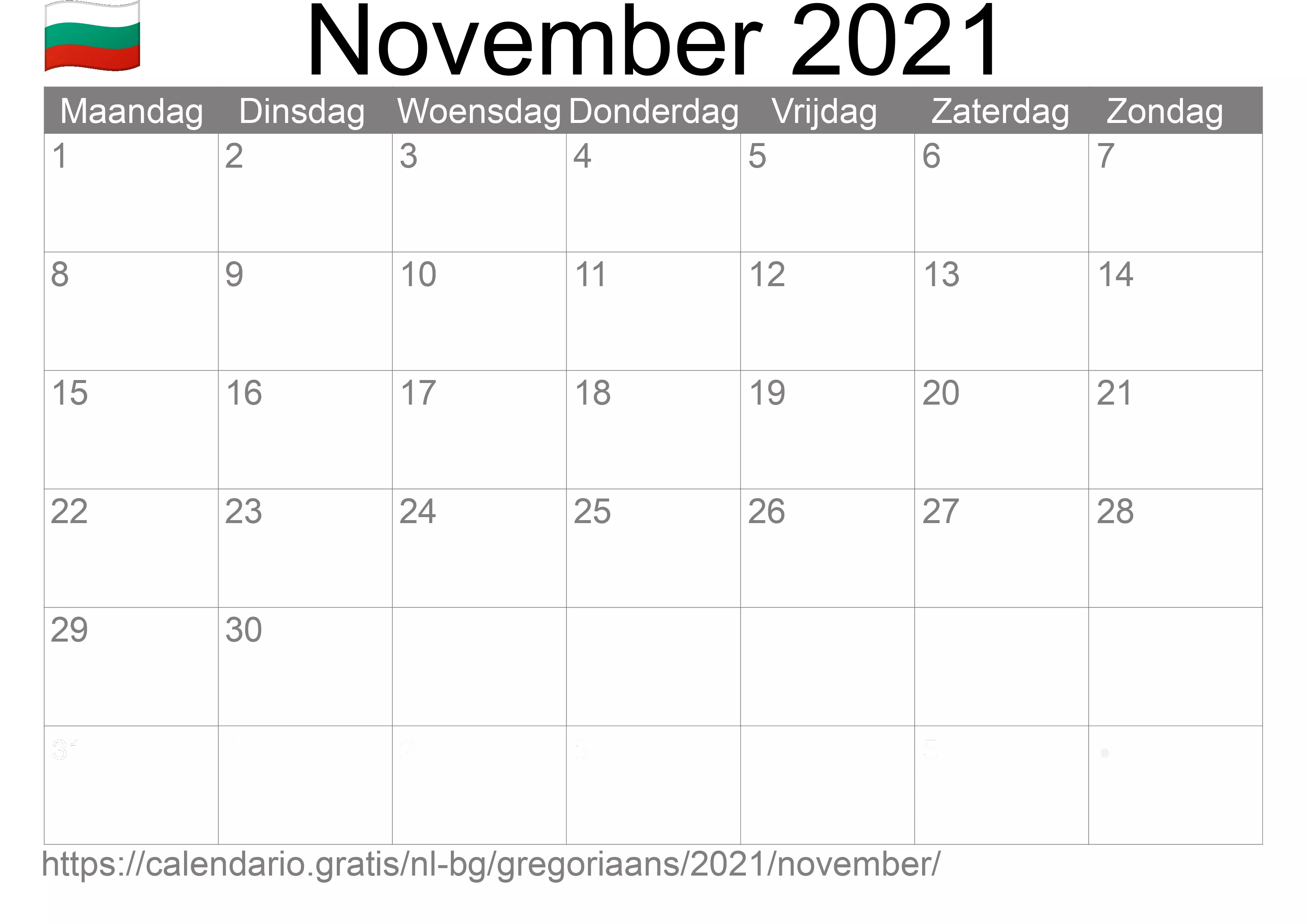 Kalender November 2021 om af te drukken (Bulgarije)