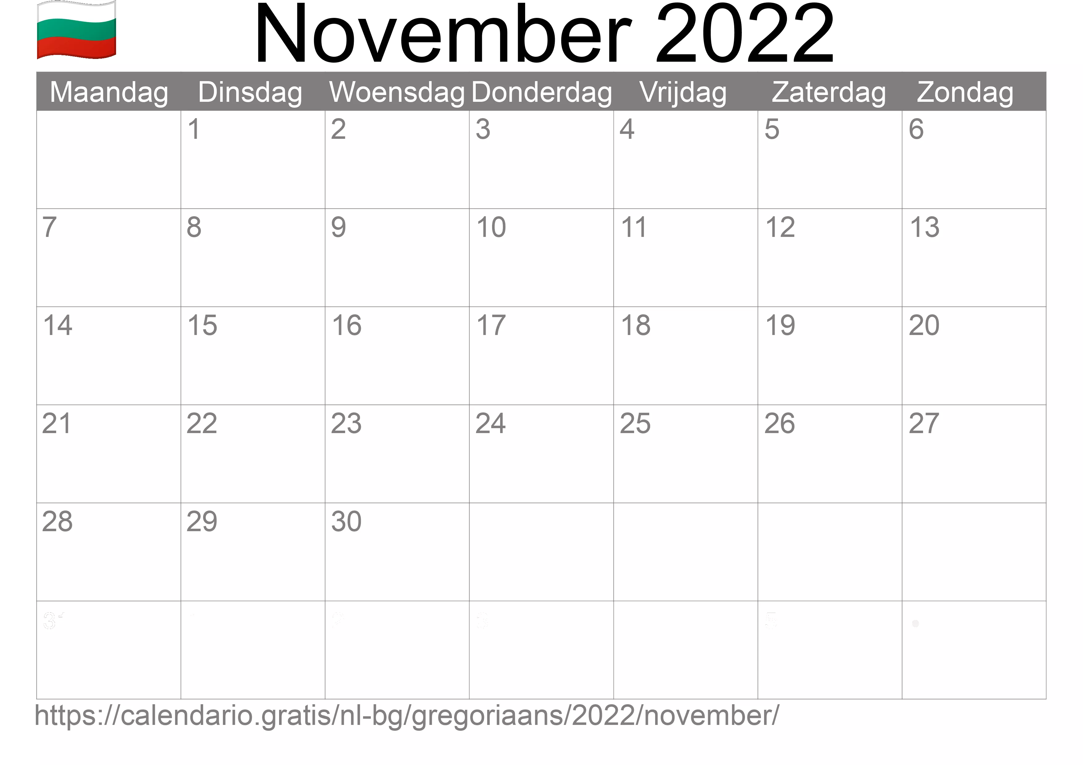 Kalender November 2022 om af te drukken (Bulgarije)