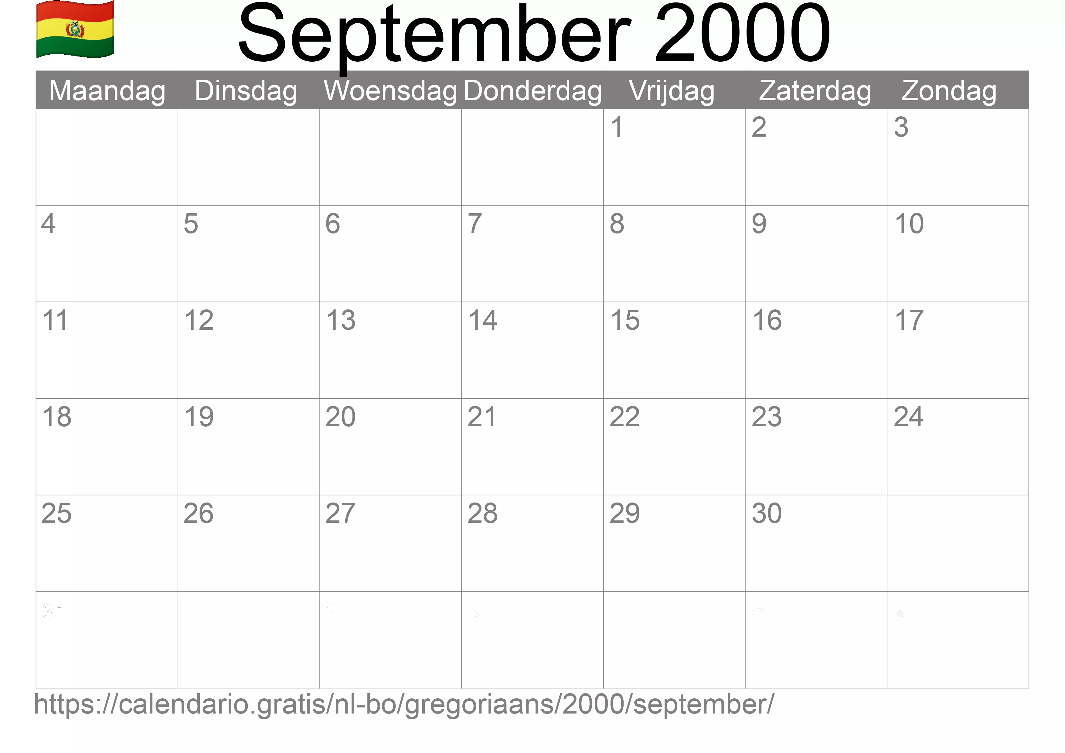 Kalender September 2000 om af te drukken (Bolivia)