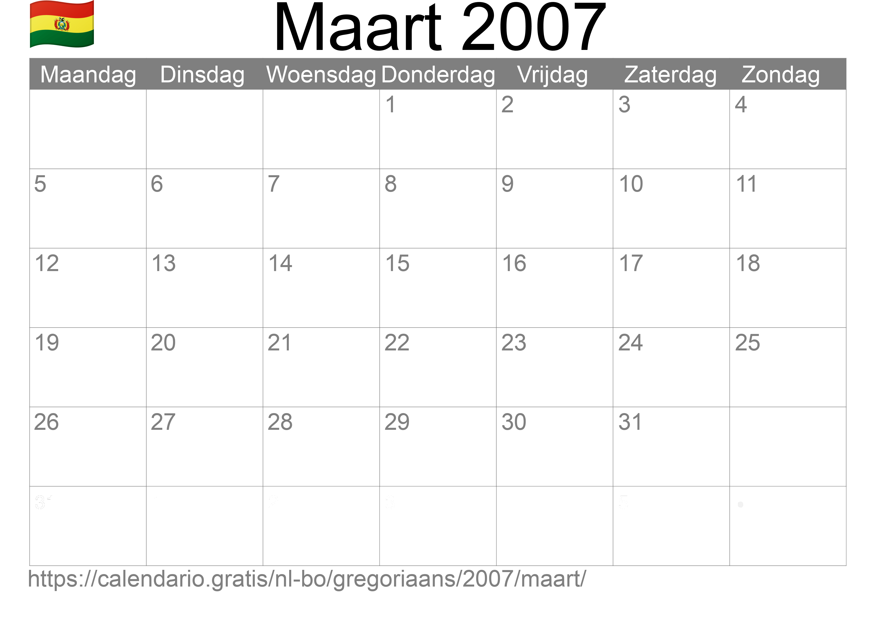 Kalender Maart 2007 om af te drukken