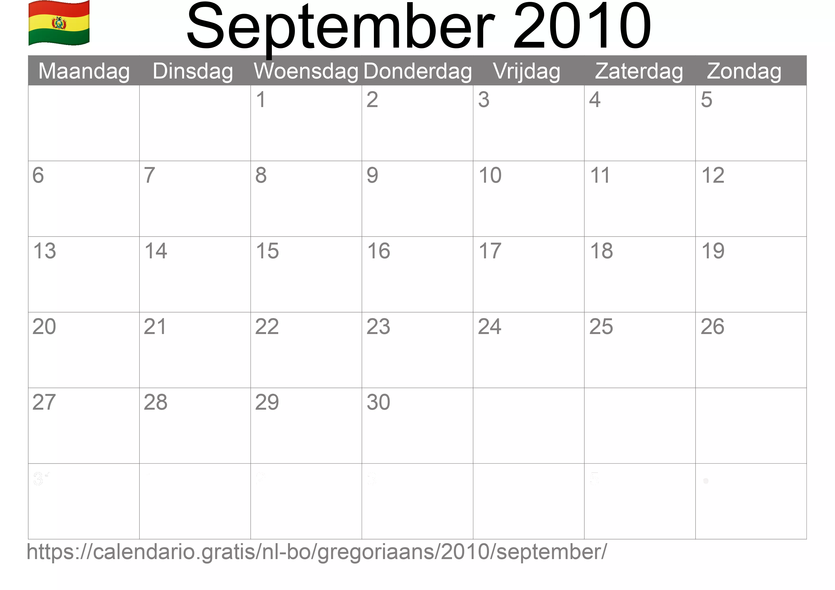 Kalender September 2010 om af te drukken (Bolivia)