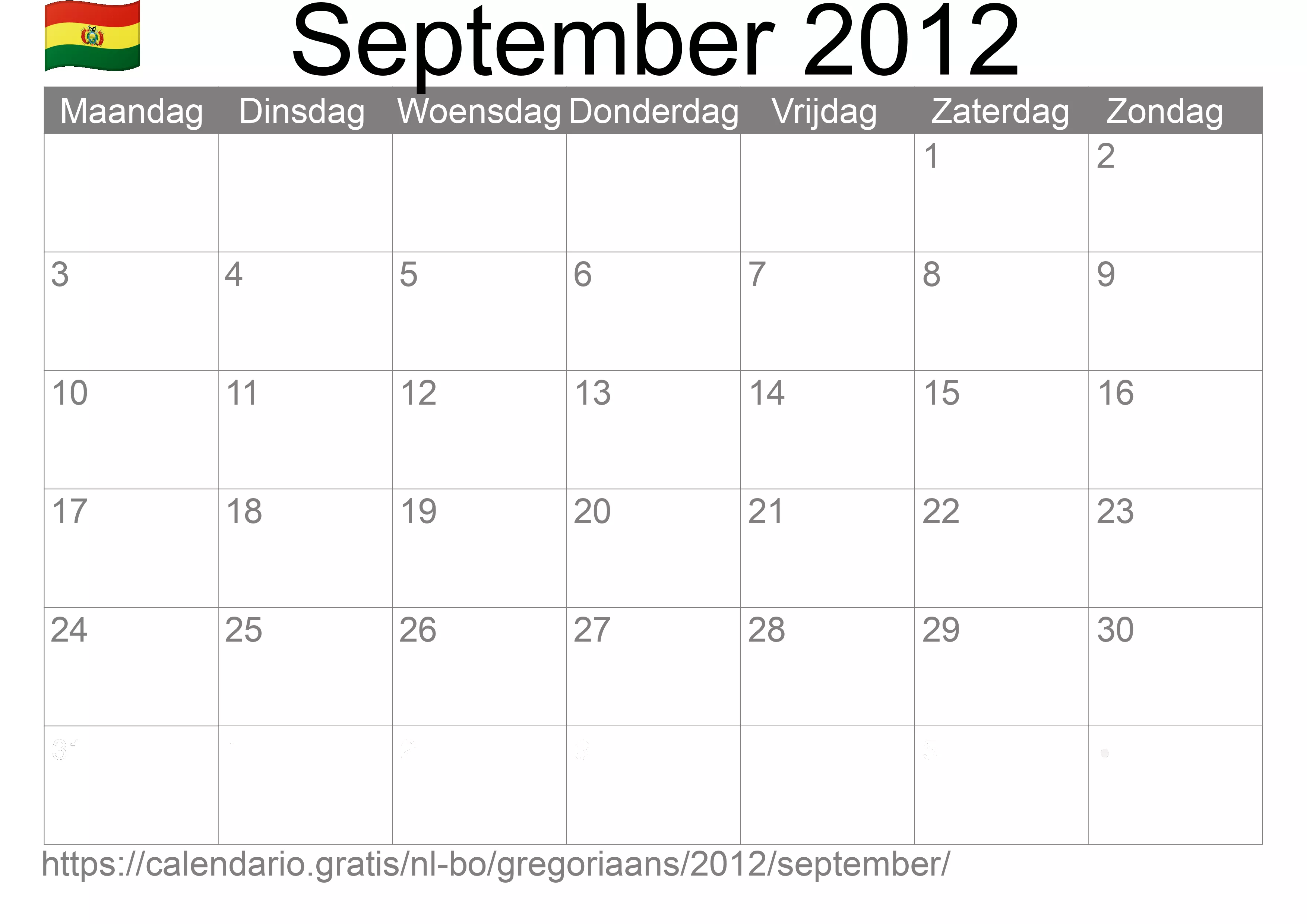 Kalender September 2012 om af te drukken (Bolivia)