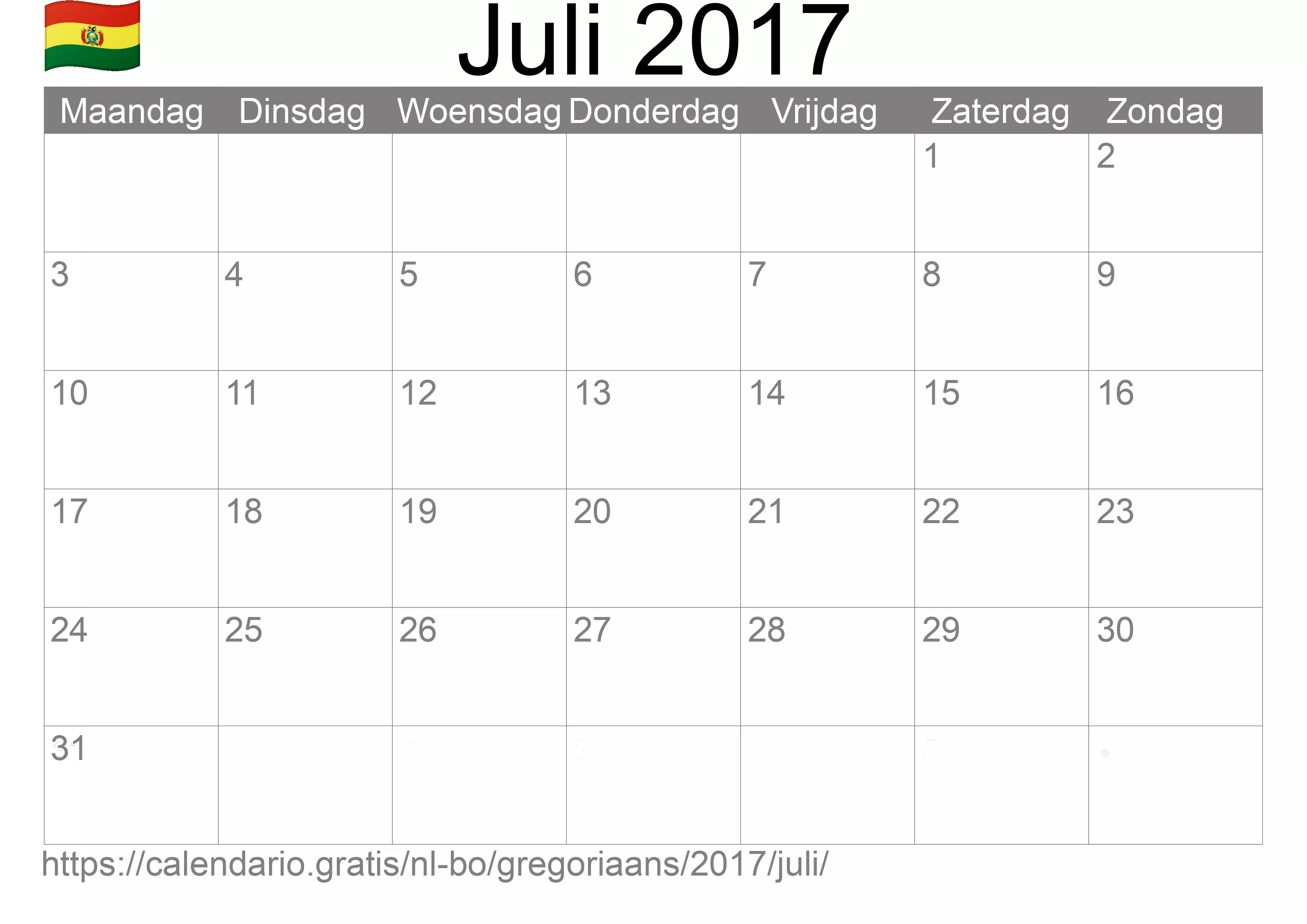 Kalender Juli 2017 om af te drukken (Bolivia)