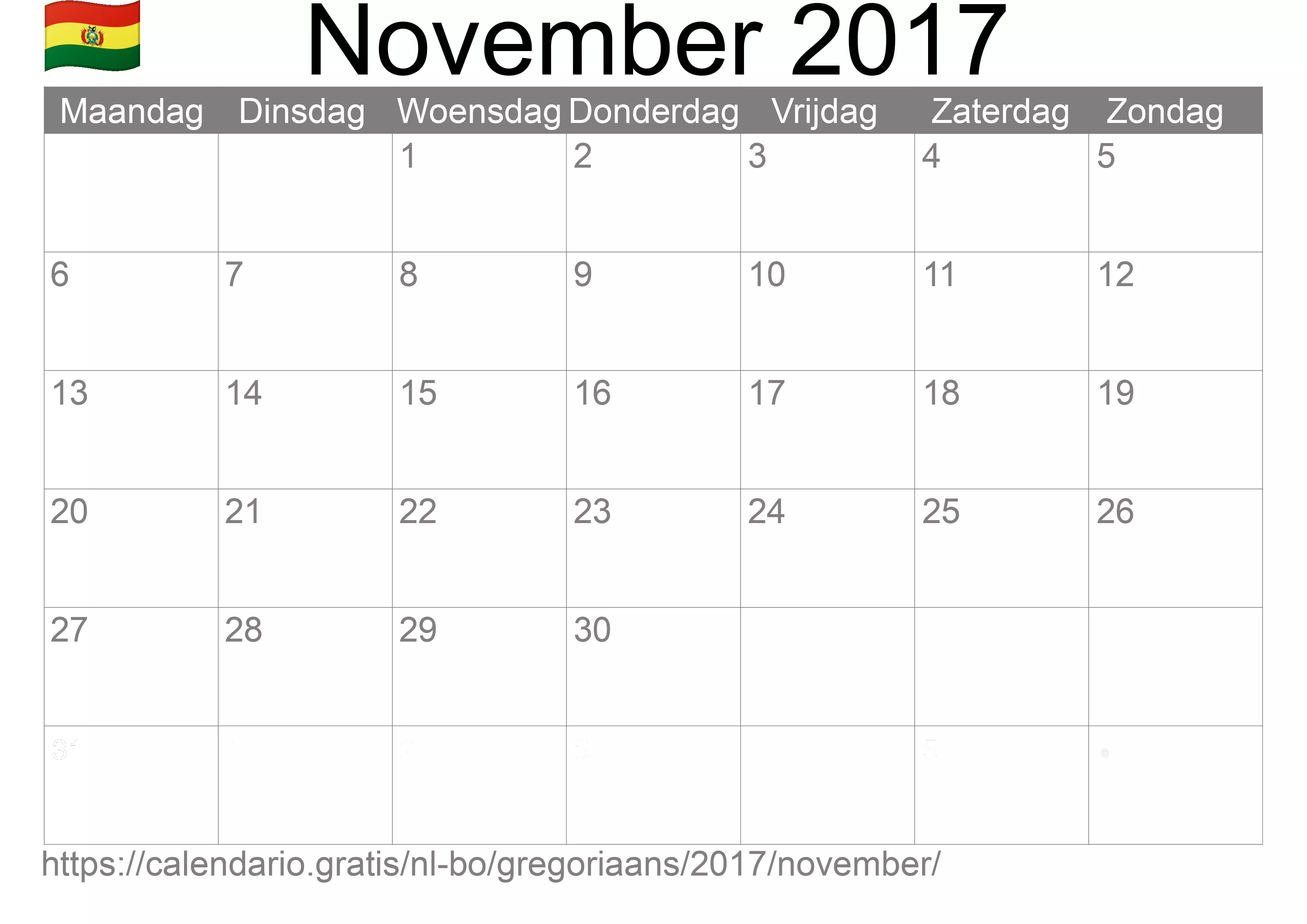 Kalender November 2017 om af te drukken (Bolivia)