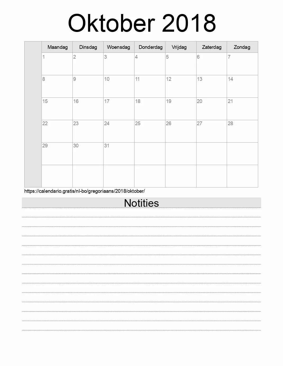 Kalender voor Oktober 2018 om af te drukken met notities. (Bolivia)