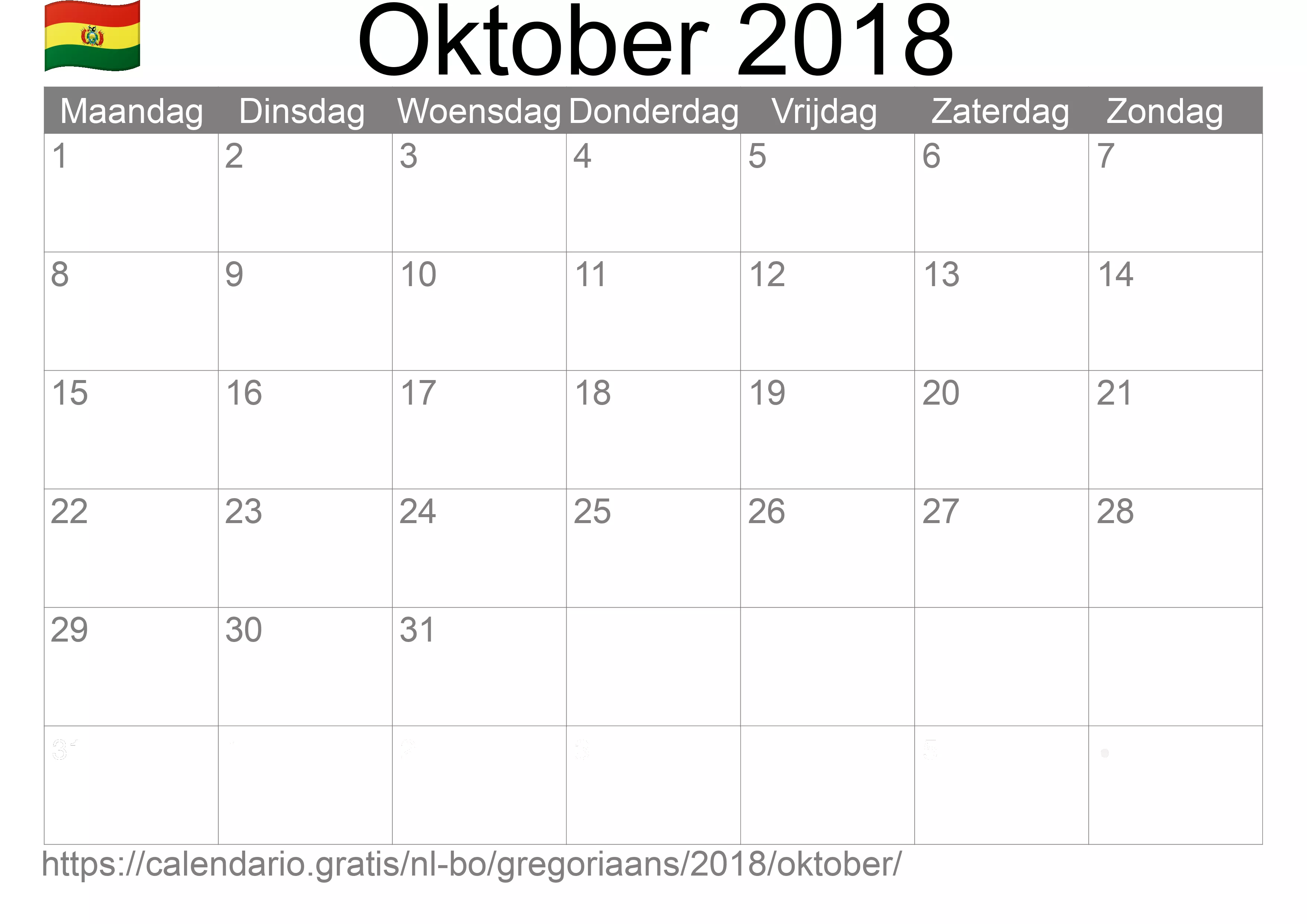 Kalender Oktober 2018 om af te drukken (Bolivia)
