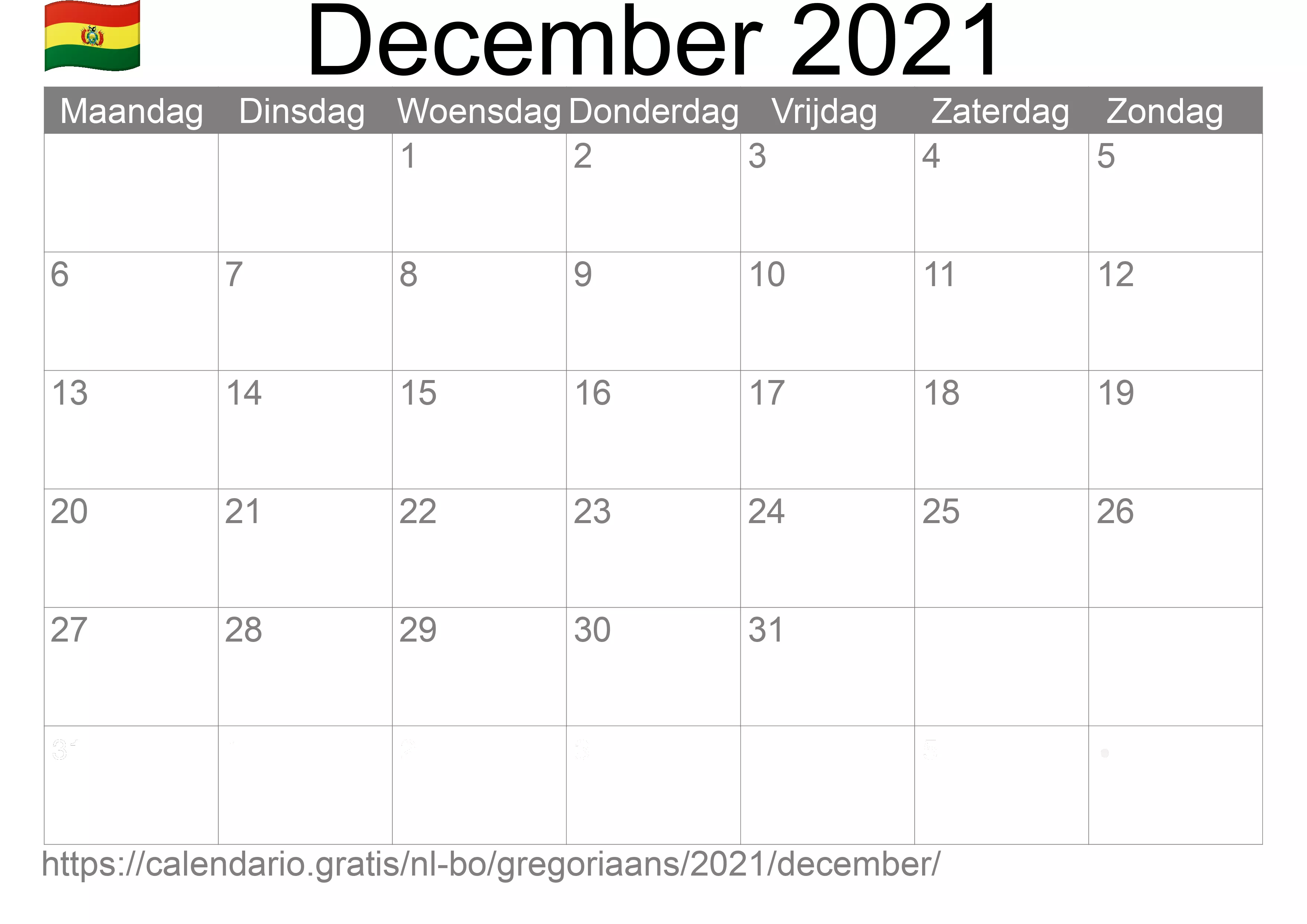 Kalender December 2021 om af te drukken (Bolivia)