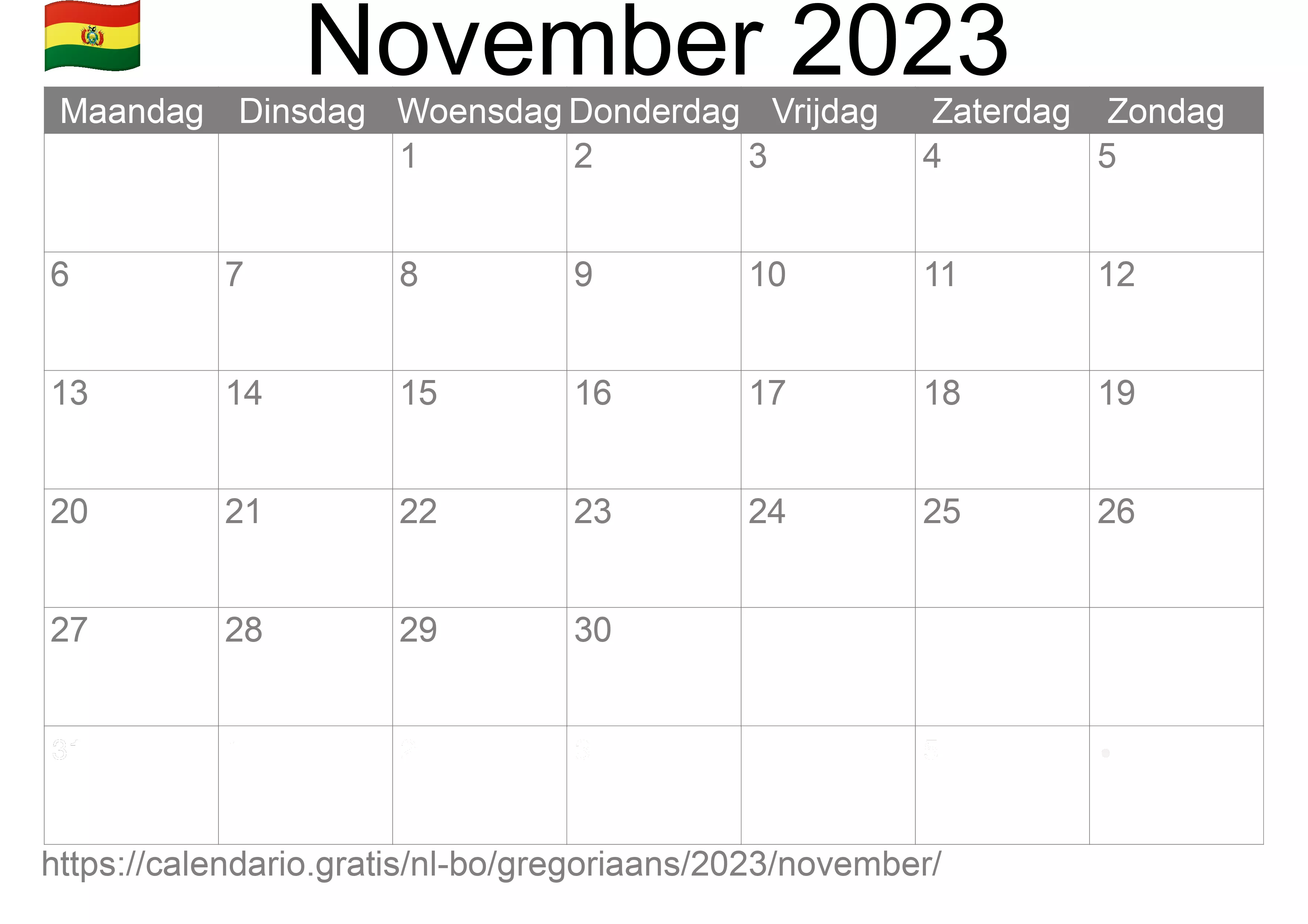Kalender November 2023 om af te drukken (Bolivia)