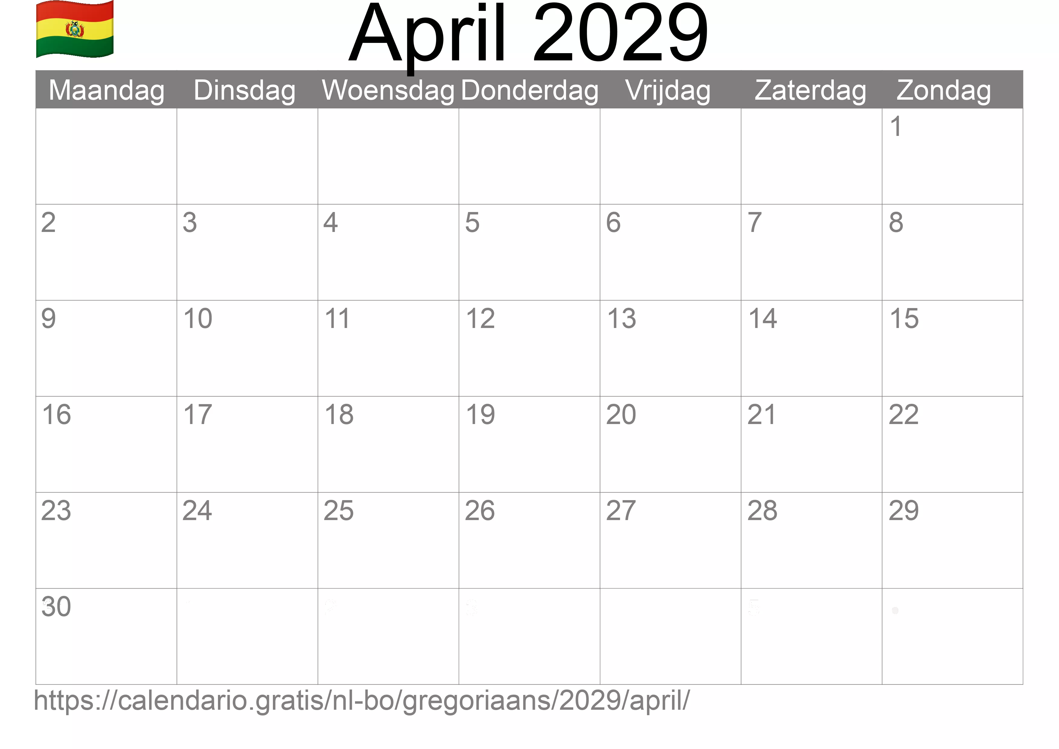 Kalender April 2029 om af te drukken (Bolivia)