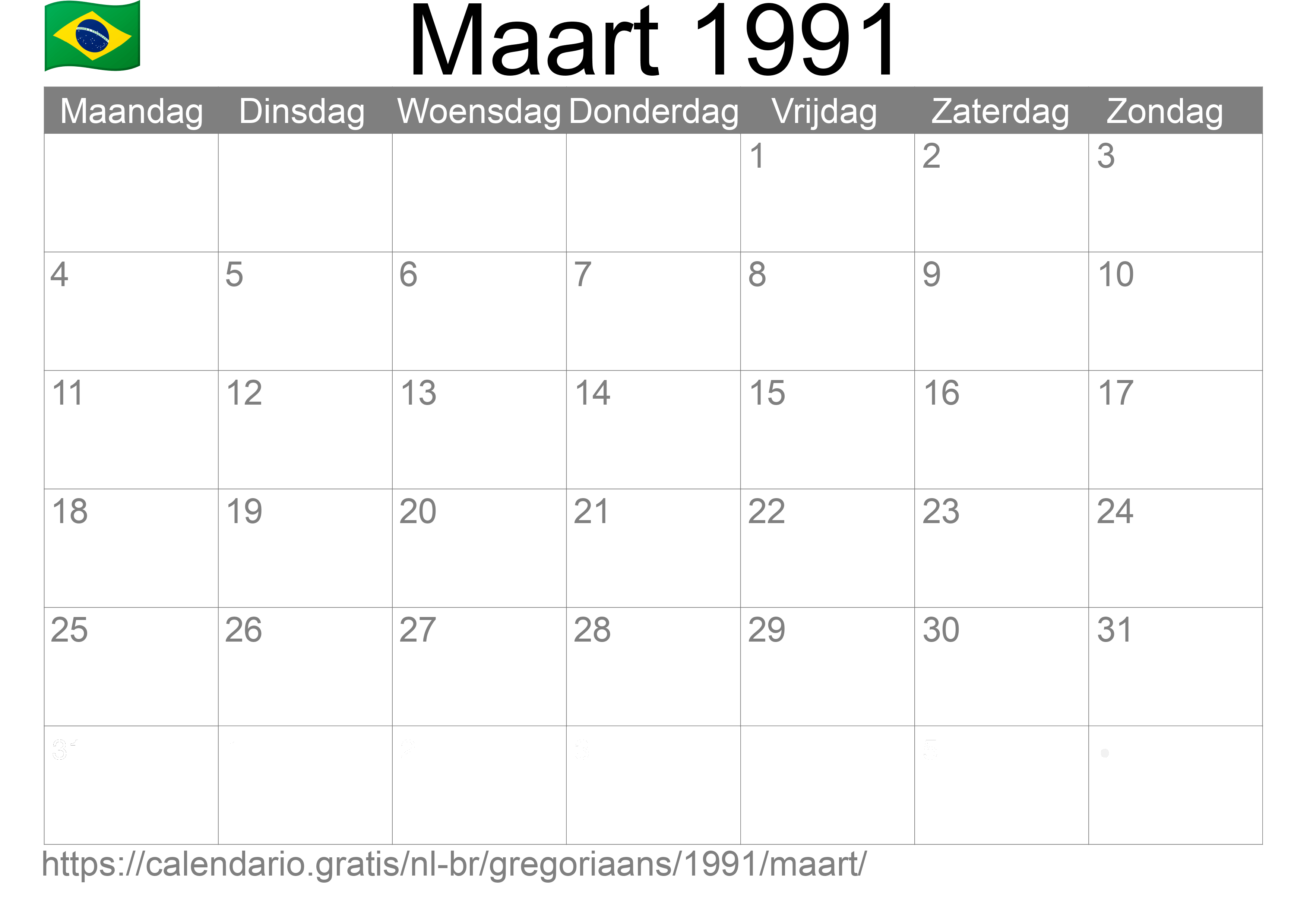 Kalender Maart 1991 om af te drukken