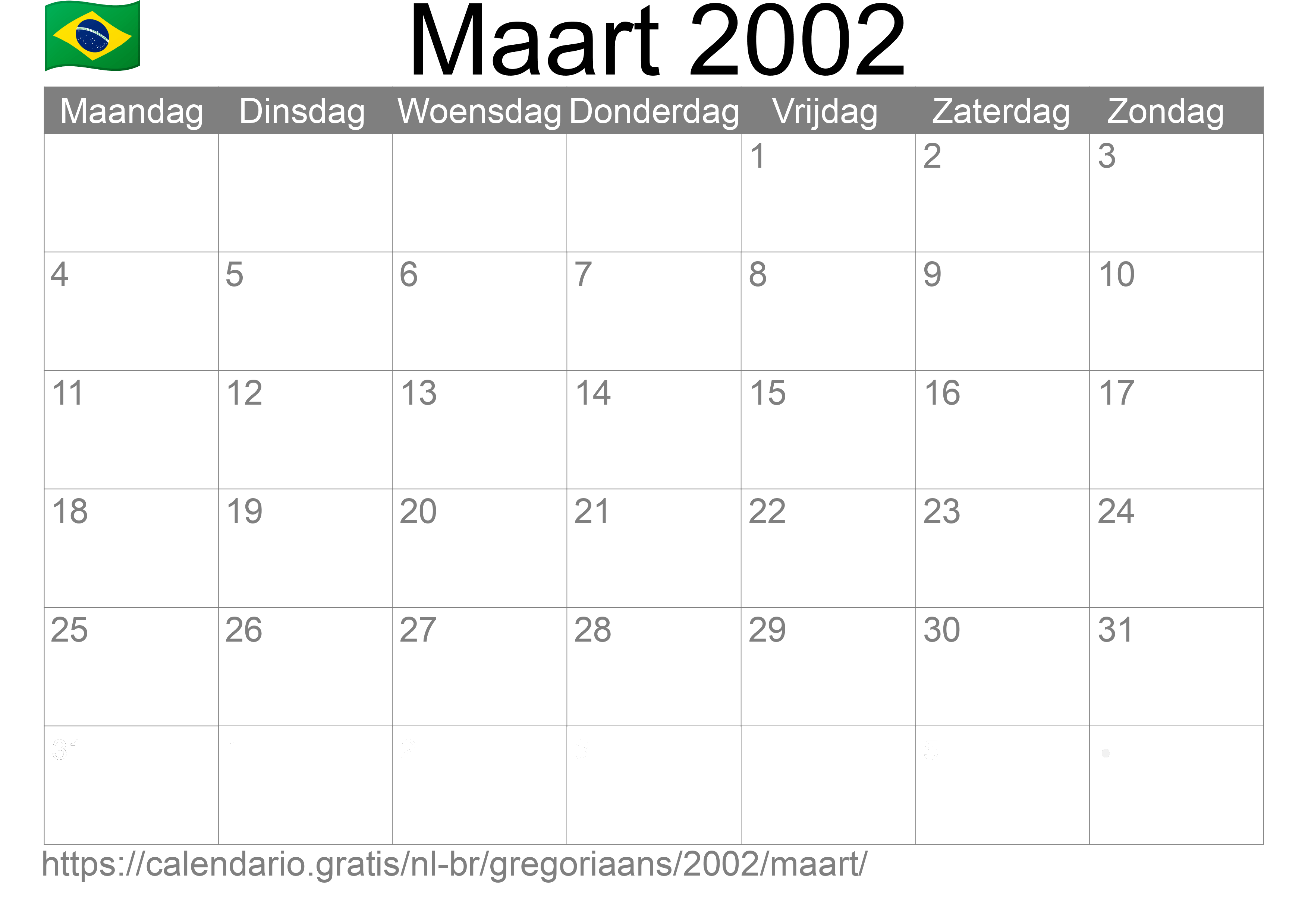 Kalender Maart 2002 om af te drukken