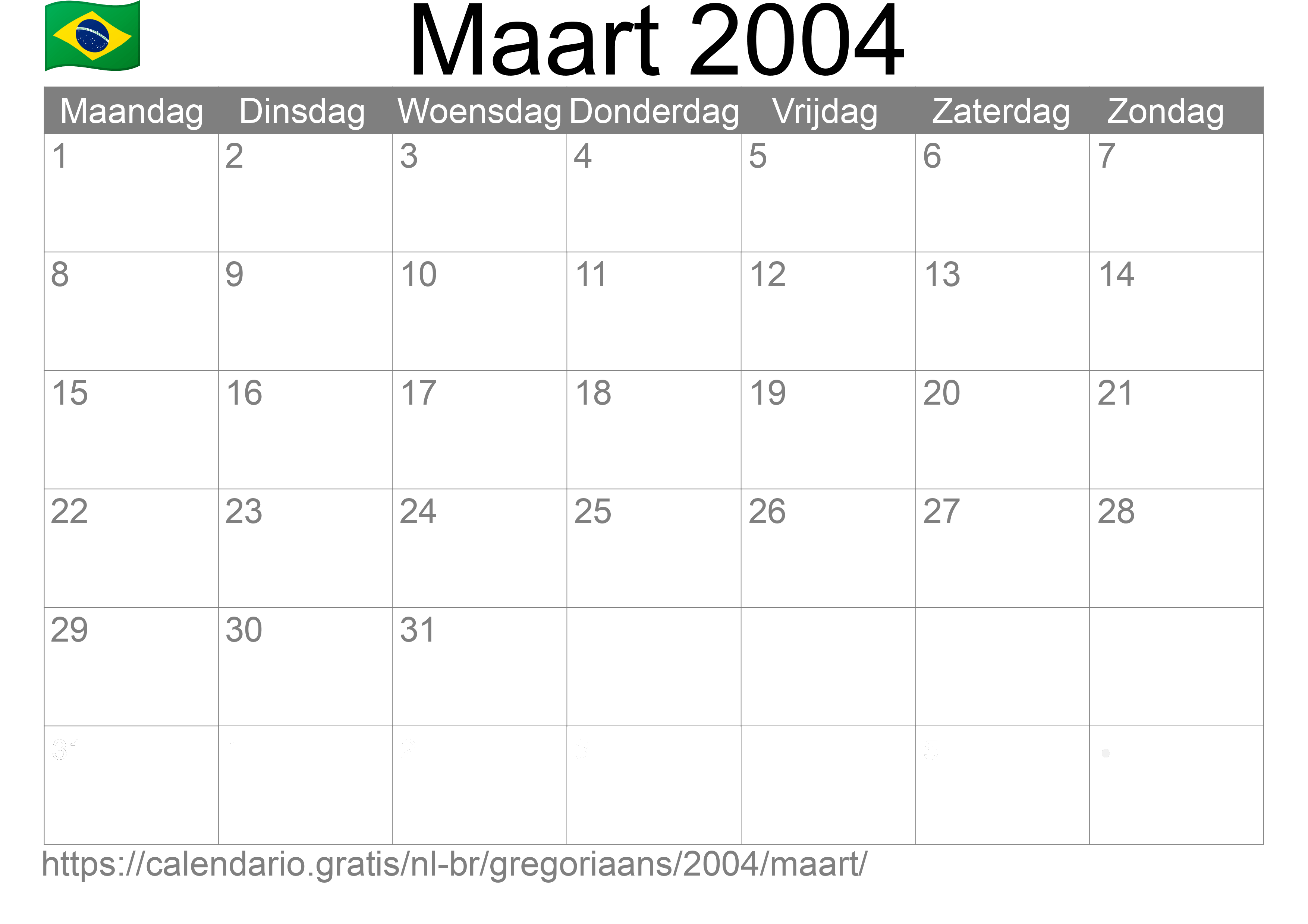 Kalender Maart 2004 om af te drukken