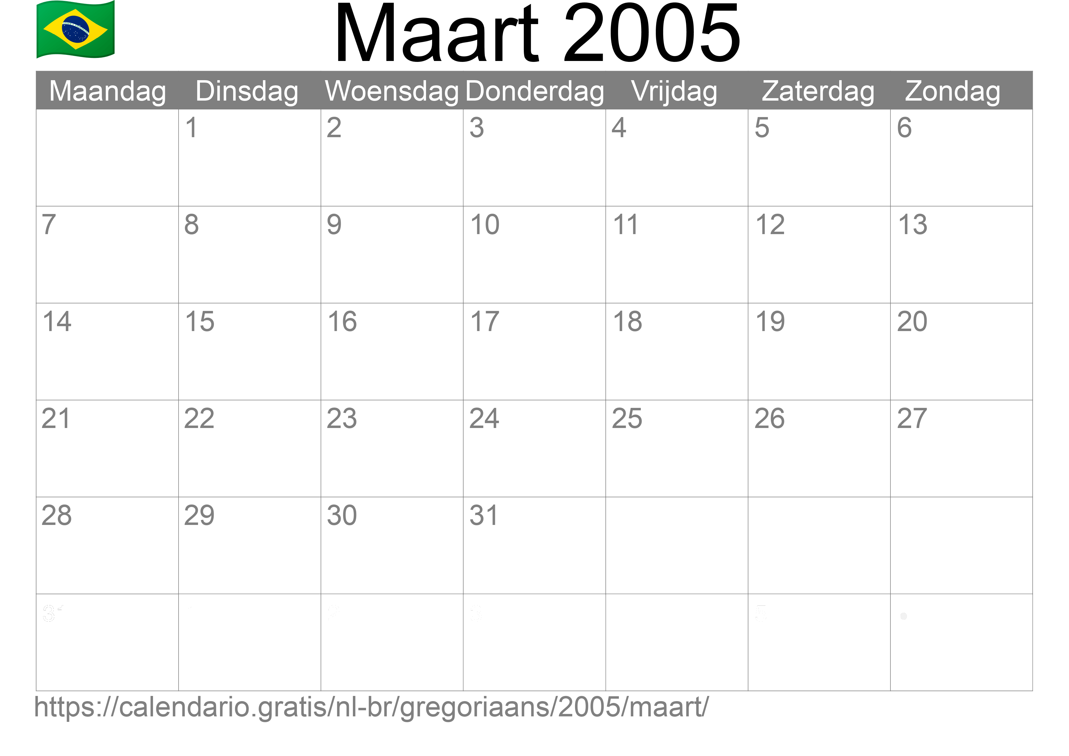 Kalender Maart 2005 om af te drukken