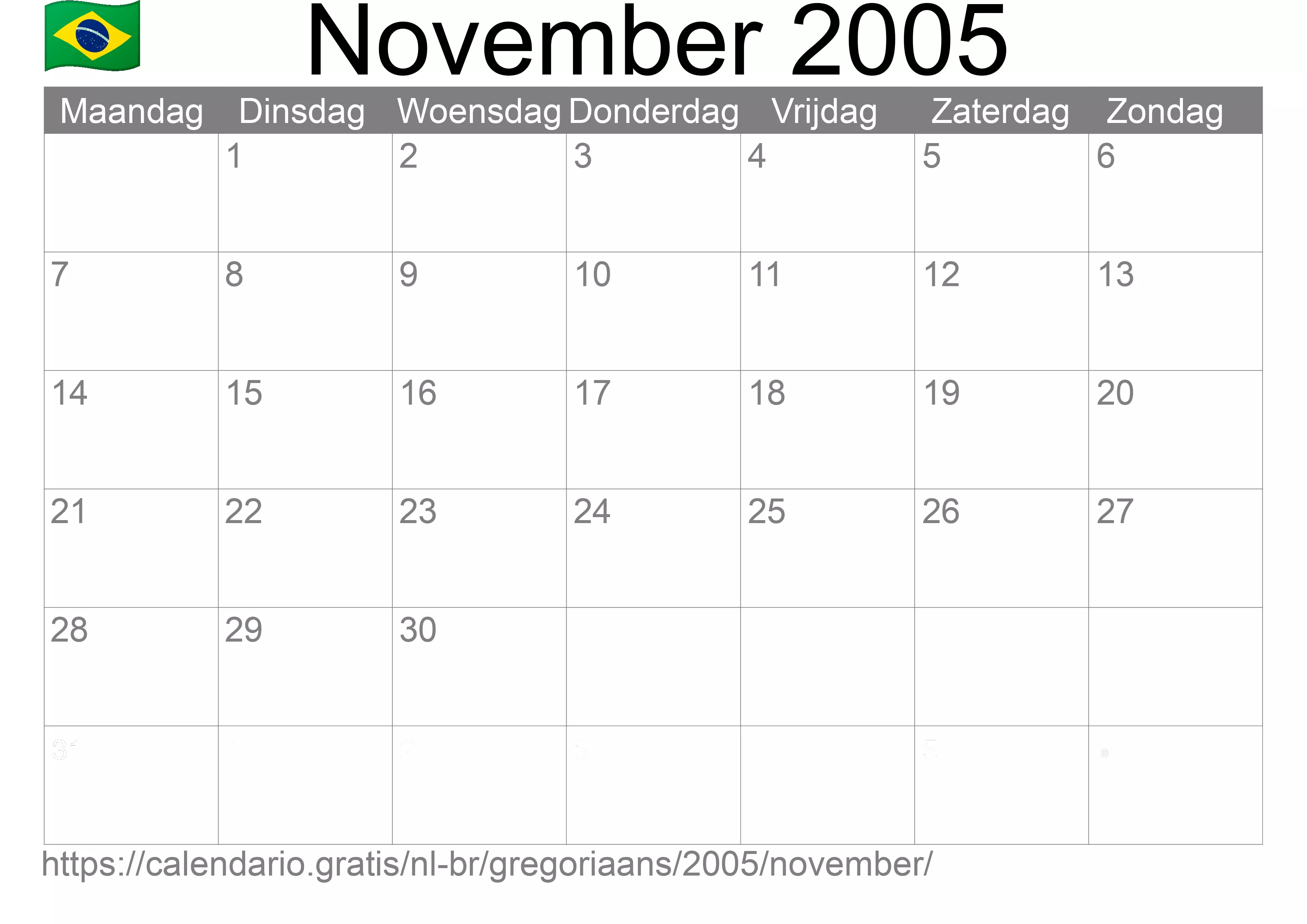Kalender November 2005 om af te drukken (Brazilië)