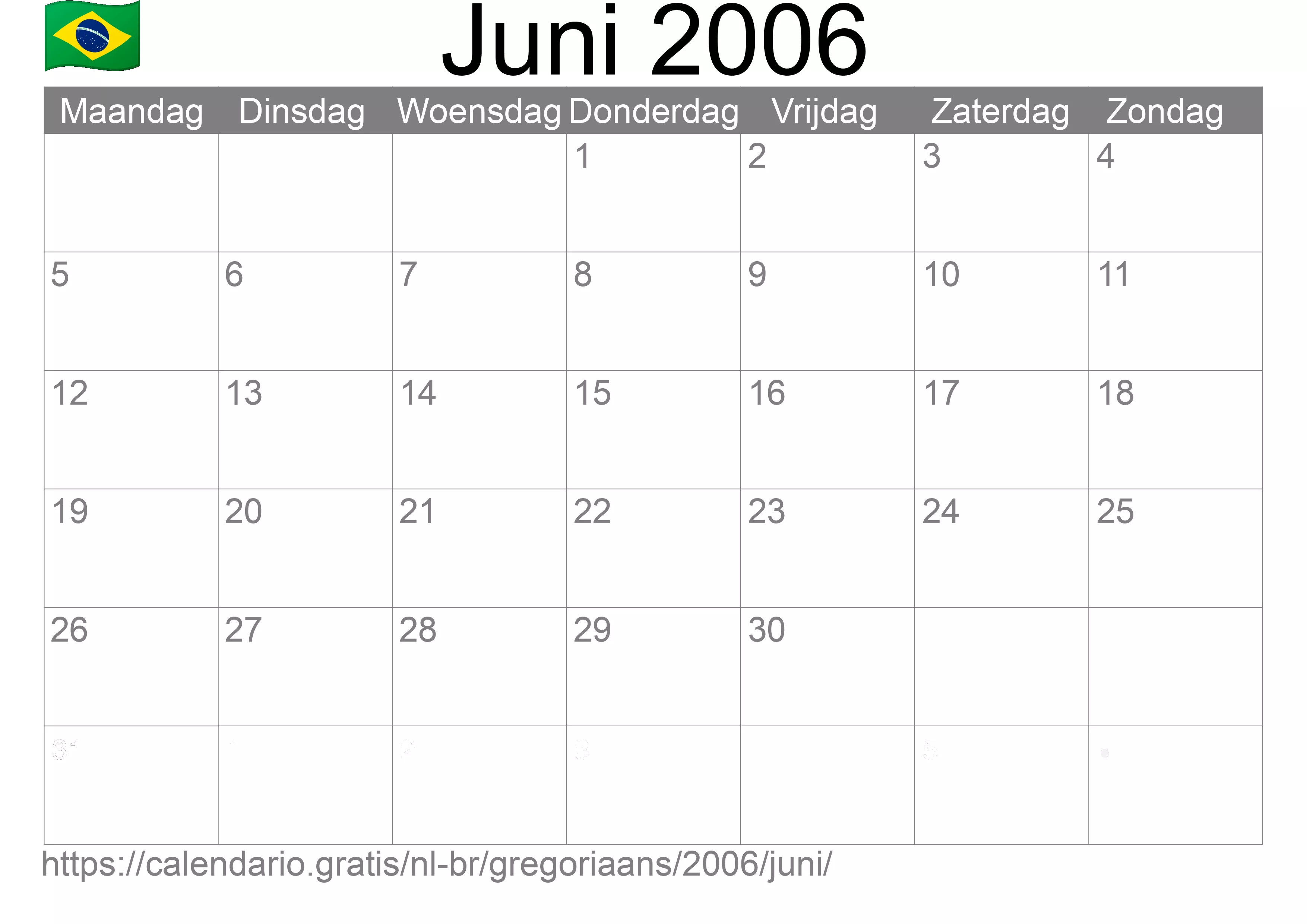Kalender Juni 2006 om af te drukken (Brazilië)