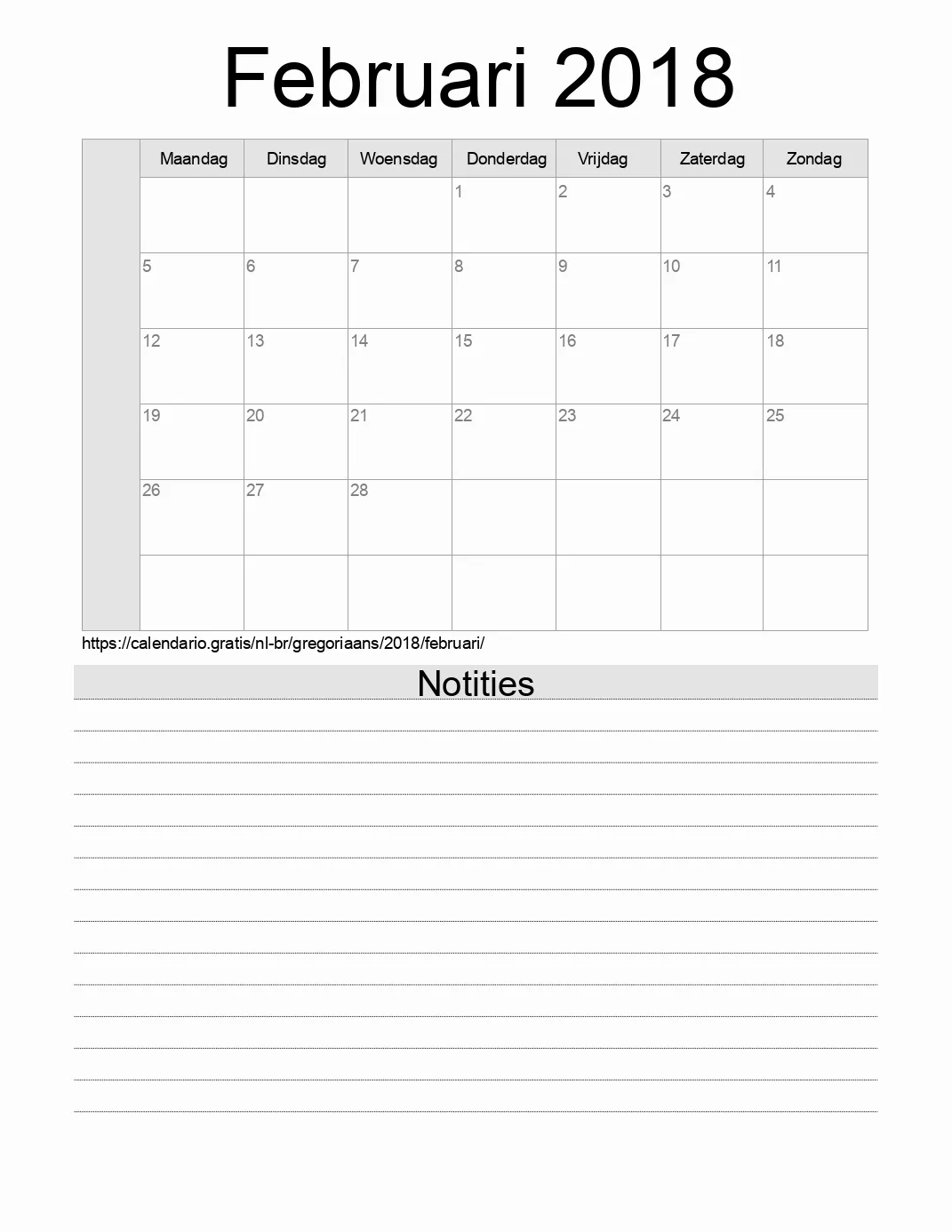 Kalender voor Februari 2018 om af te drukken met notities. (Brazilië)