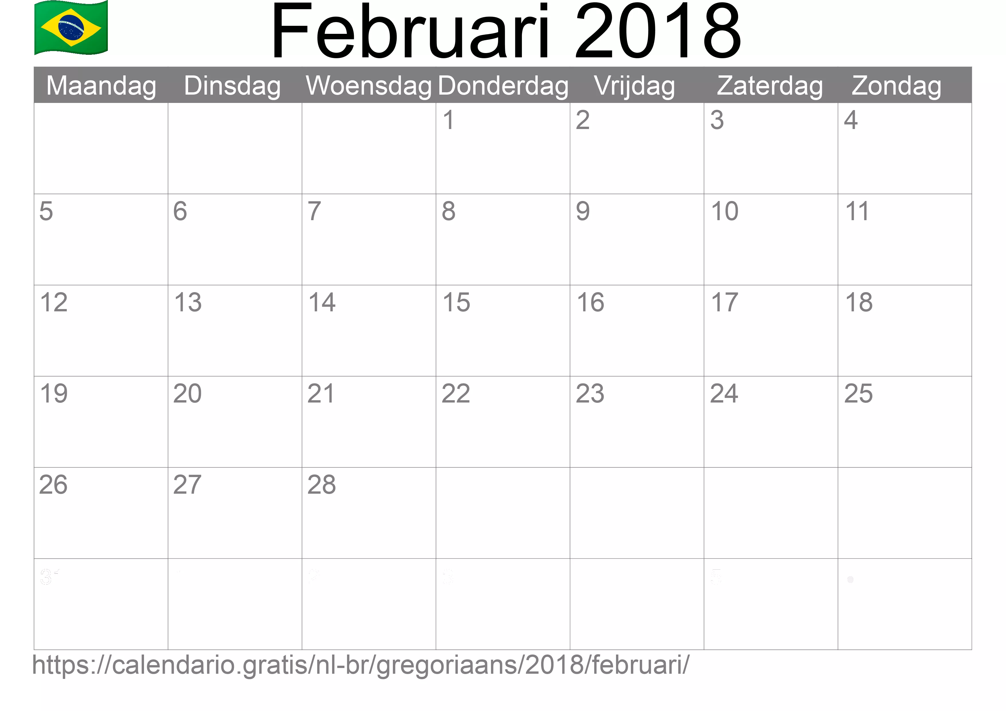 Kalender Februari 2018 om af te drukken (Brazilië)
