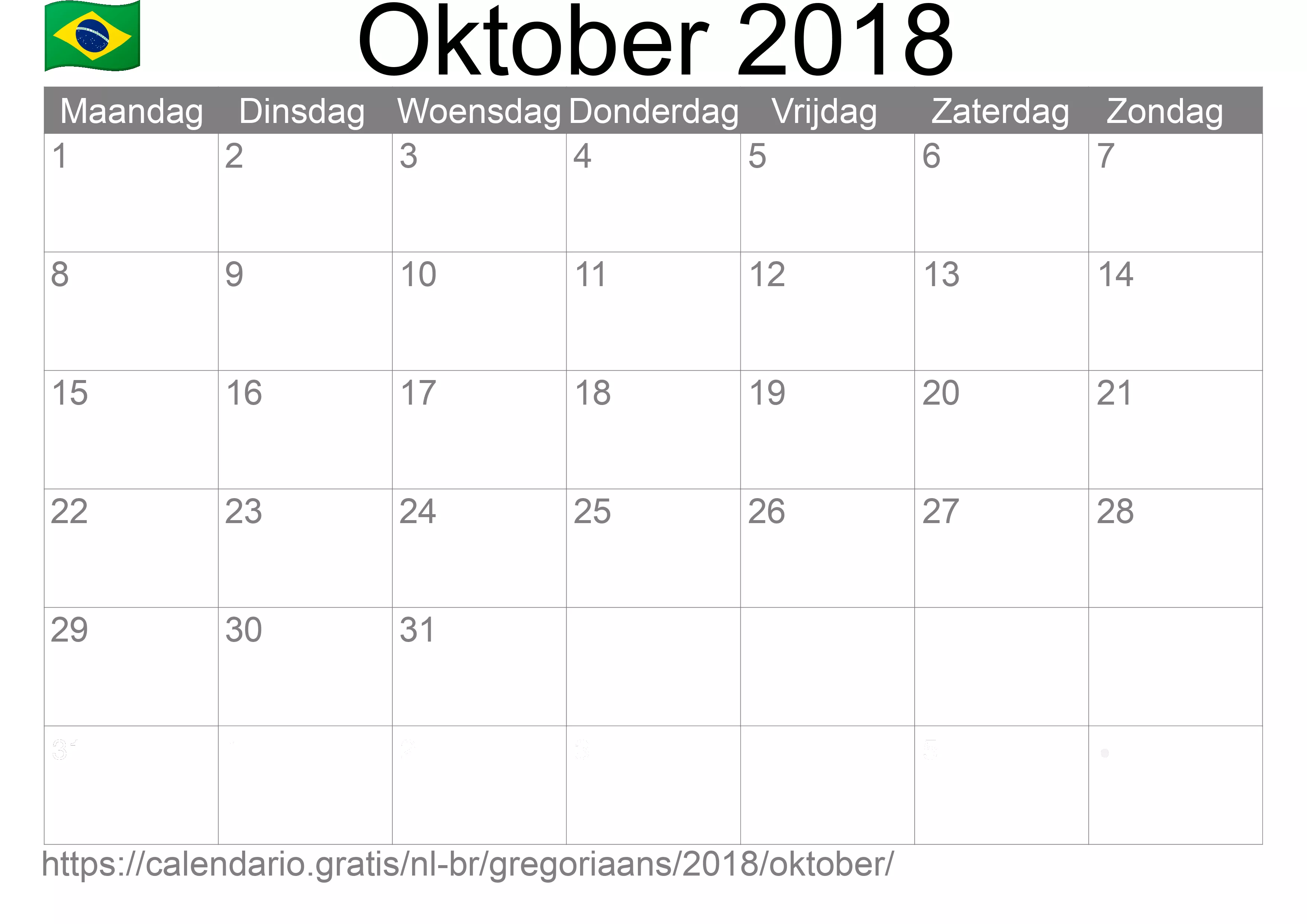 Kalender Oktober 2018 om af te drukken (Brazilië)