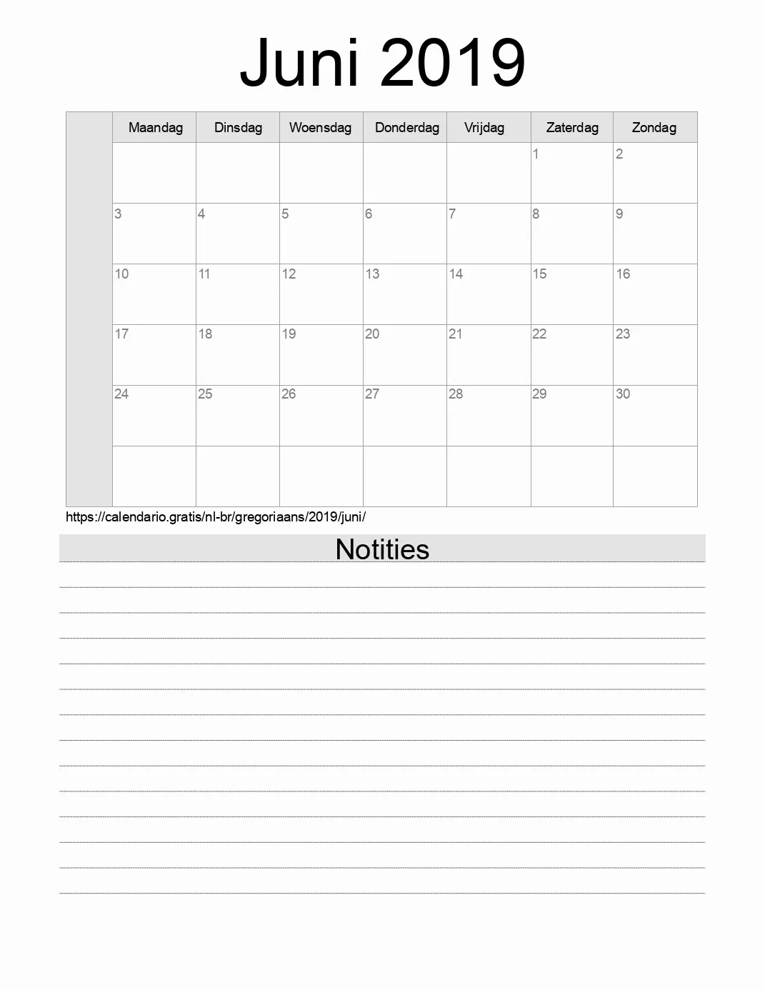 Kalender voor Juni 2019 om af te drukken met notities. (Brazilië)