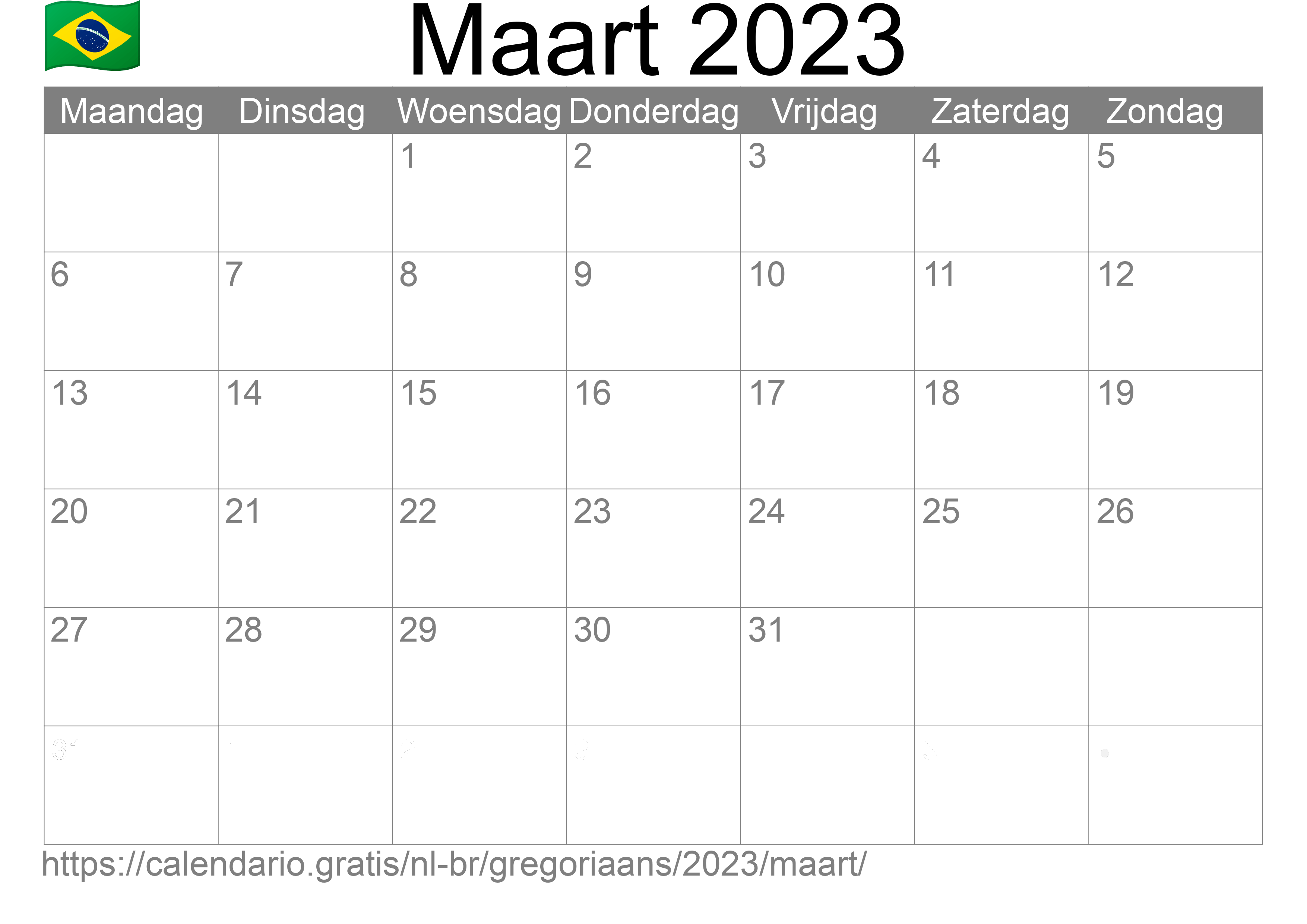 Kalender Maart 2023 om af te drukken