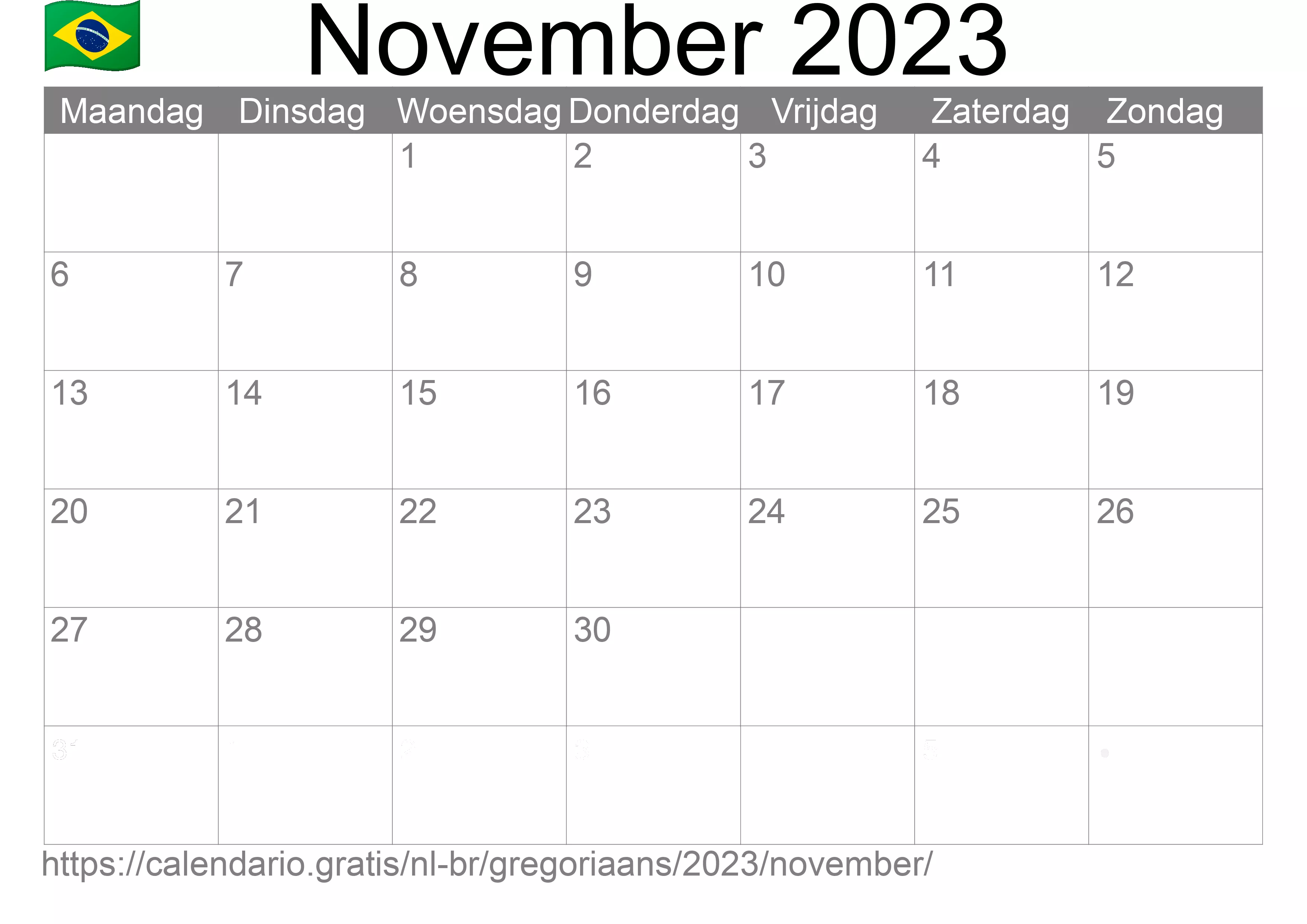 Kalender November 2023 om af te drukken (Brazilië)