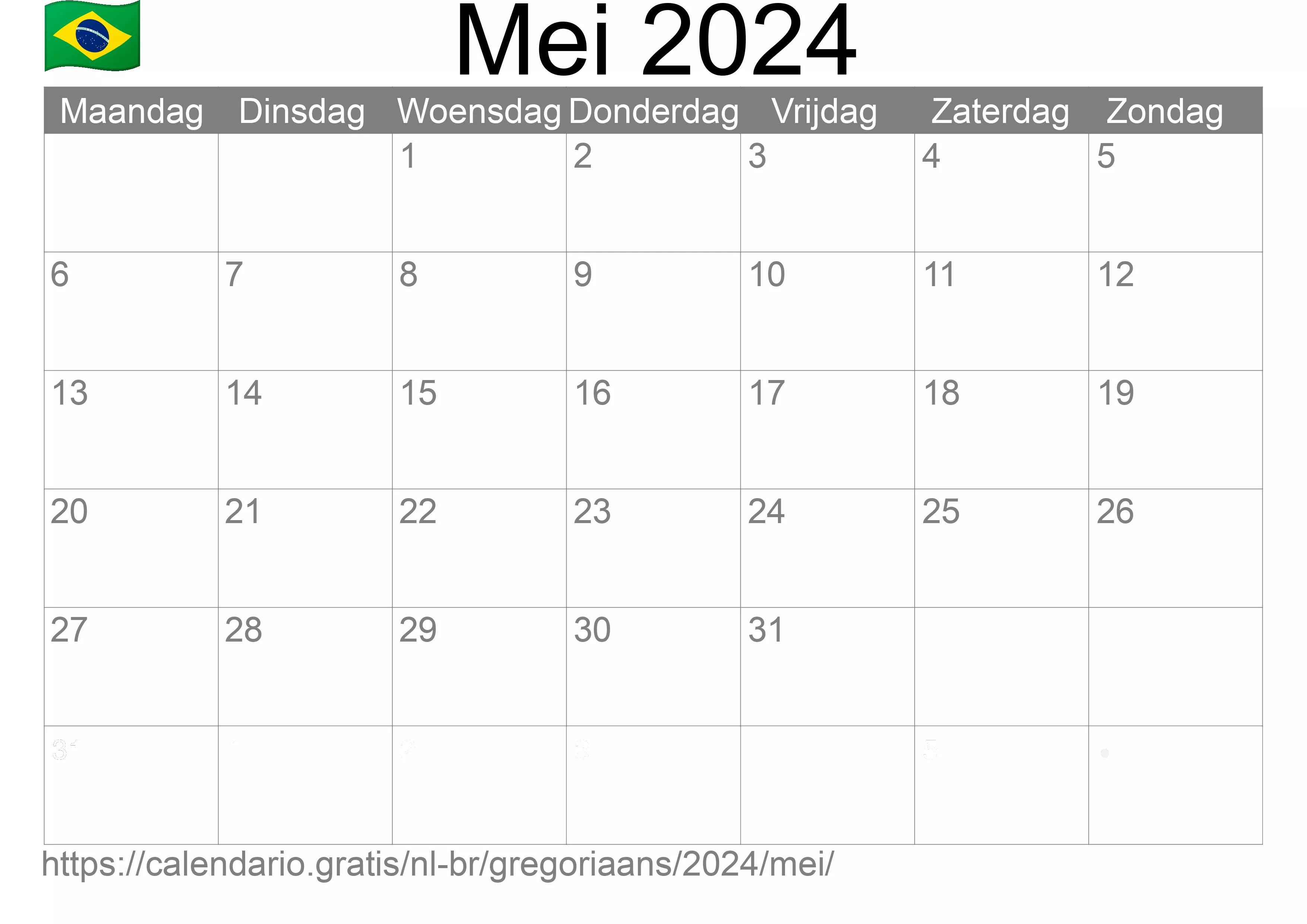 Kalender Mei 2024 om af te drukken (Brazilië)