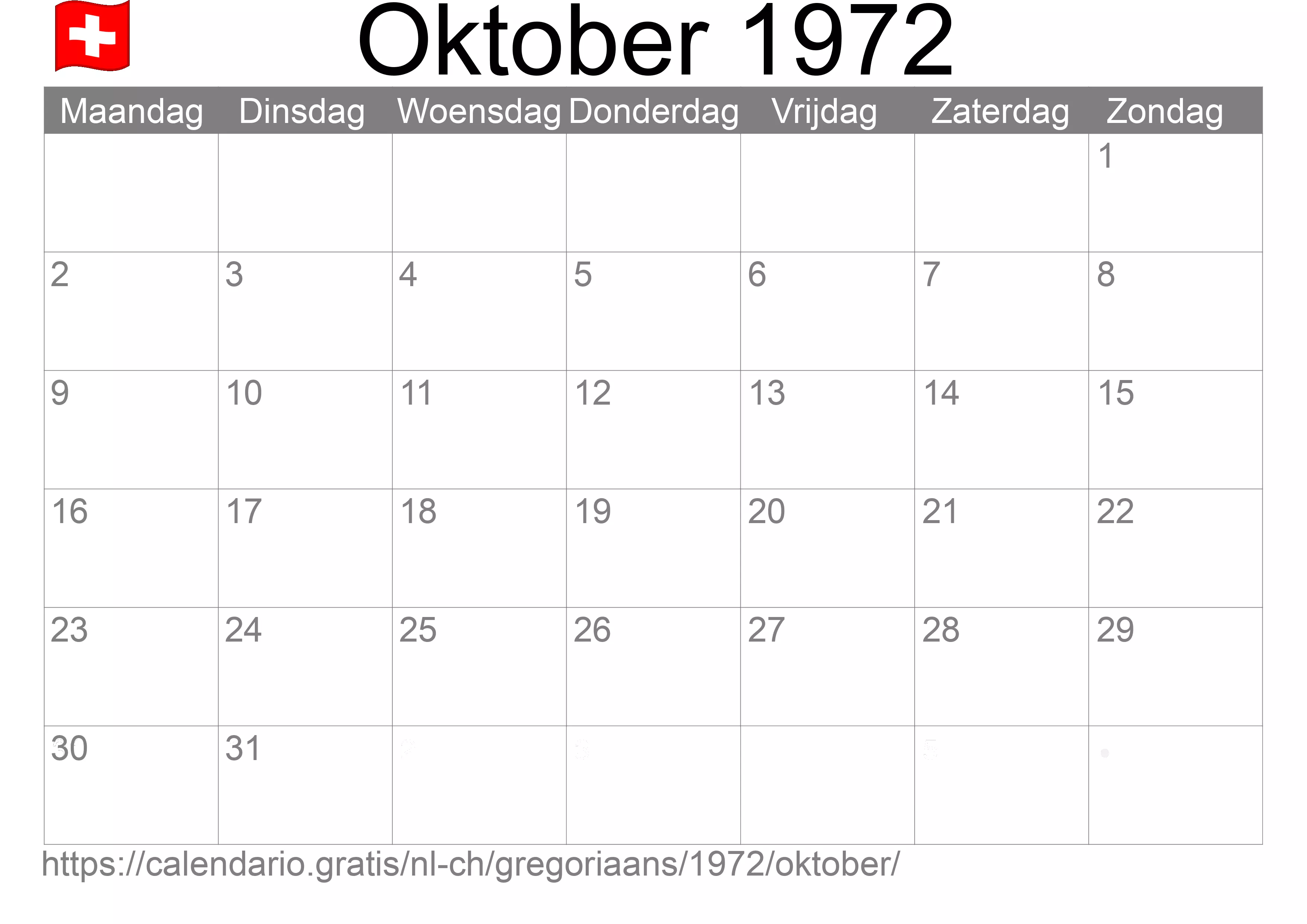 Kalender Oktober 1972 om af te drukken (Zwitserland)