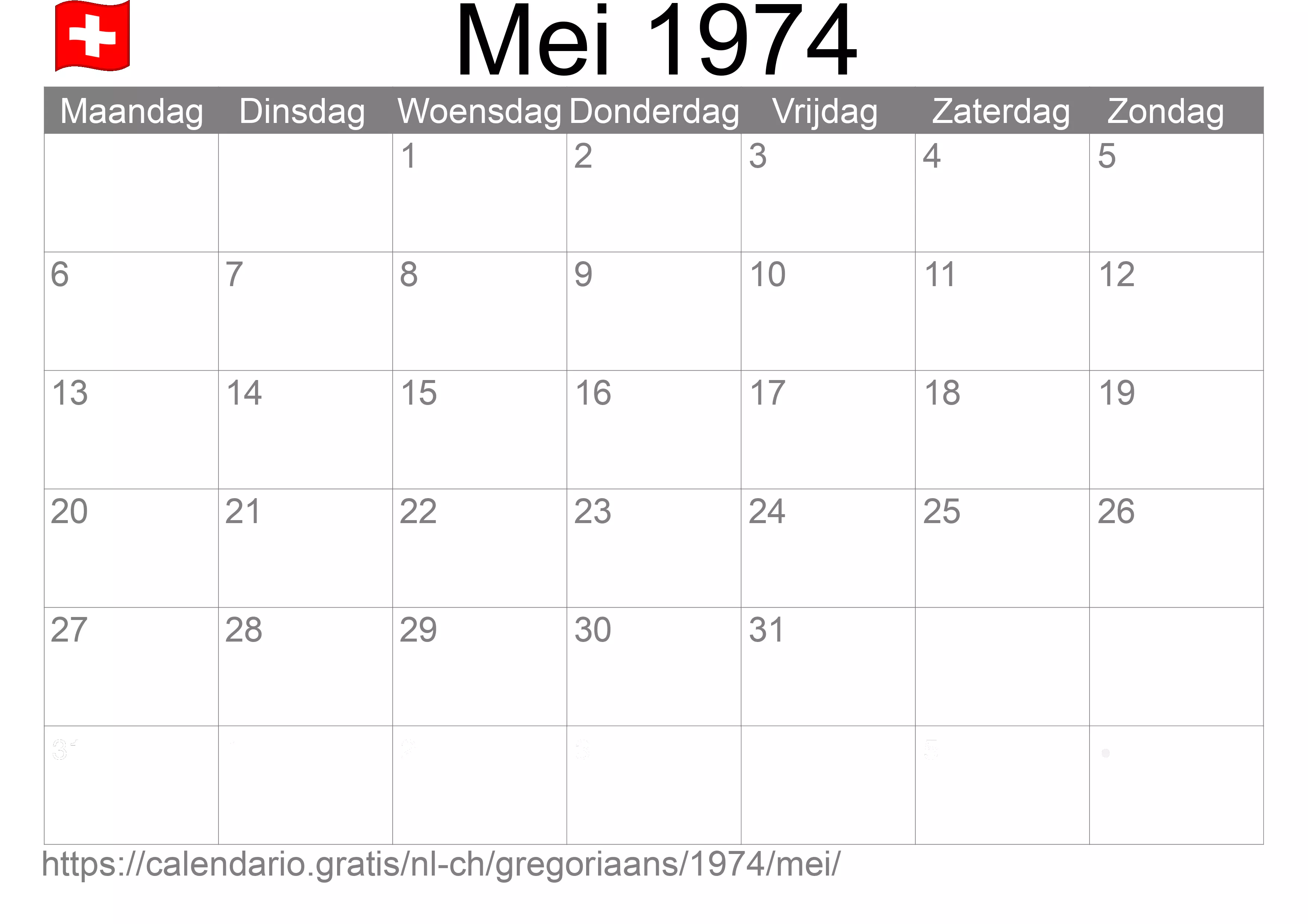 Kalender Mei 1974 om af te drukken (Zwitserland)