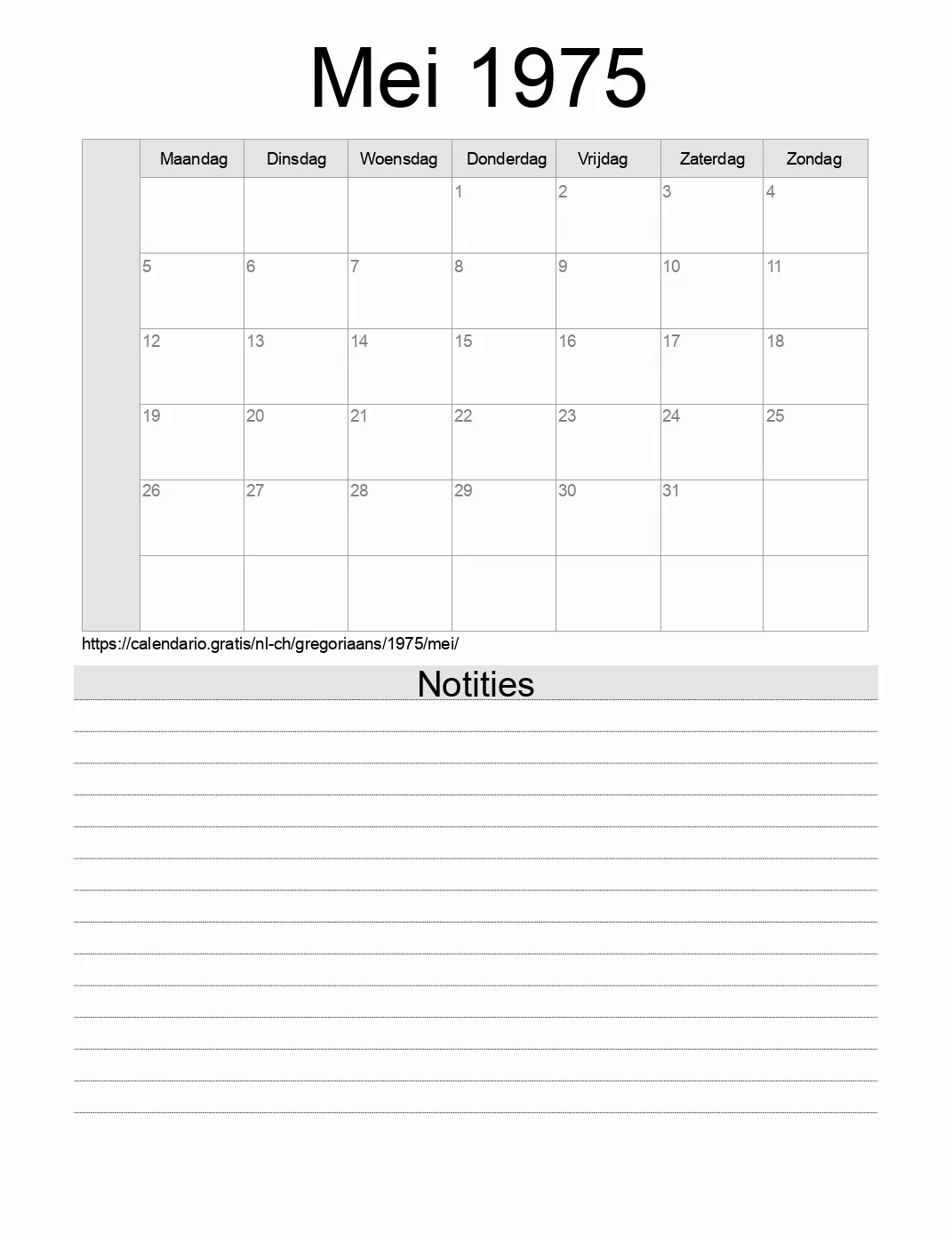 Kalender voor Mei 1975 om af te drukken met notities. (Zwitserland)