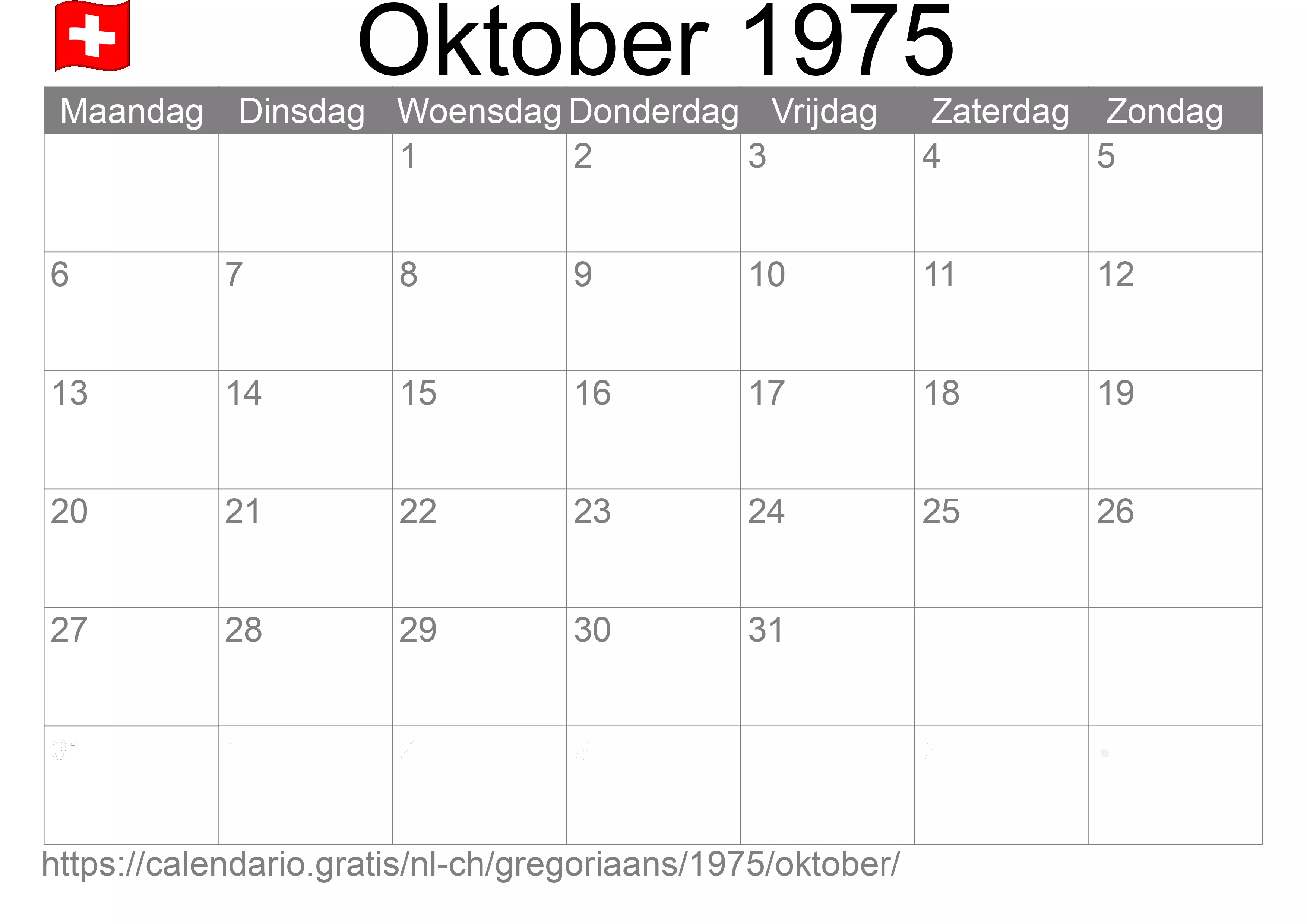 Kalender Oktober 1975 om af te drukken (Zwitserland)