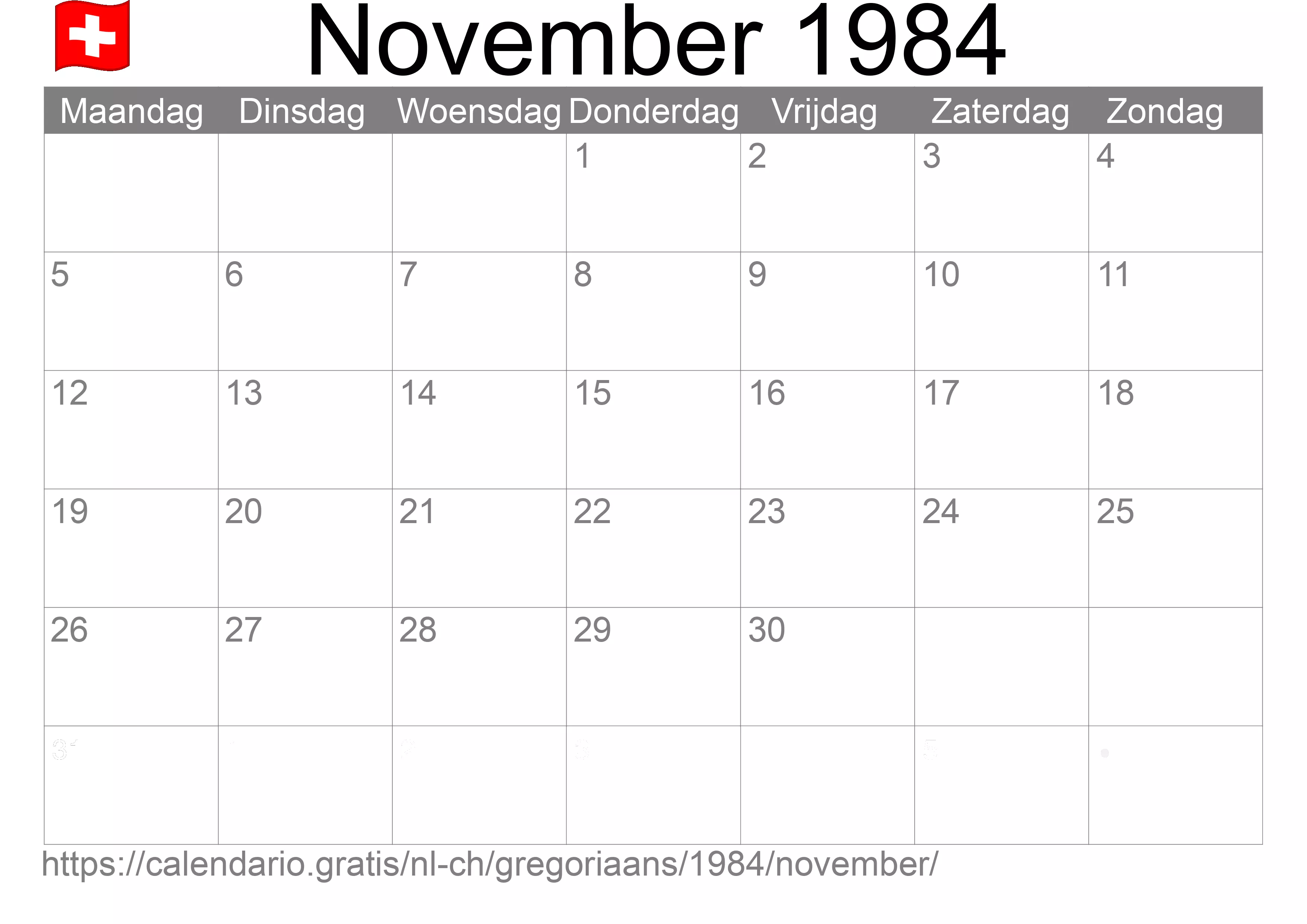 Kalender November 1984 om af te drukken (Zwitserland)