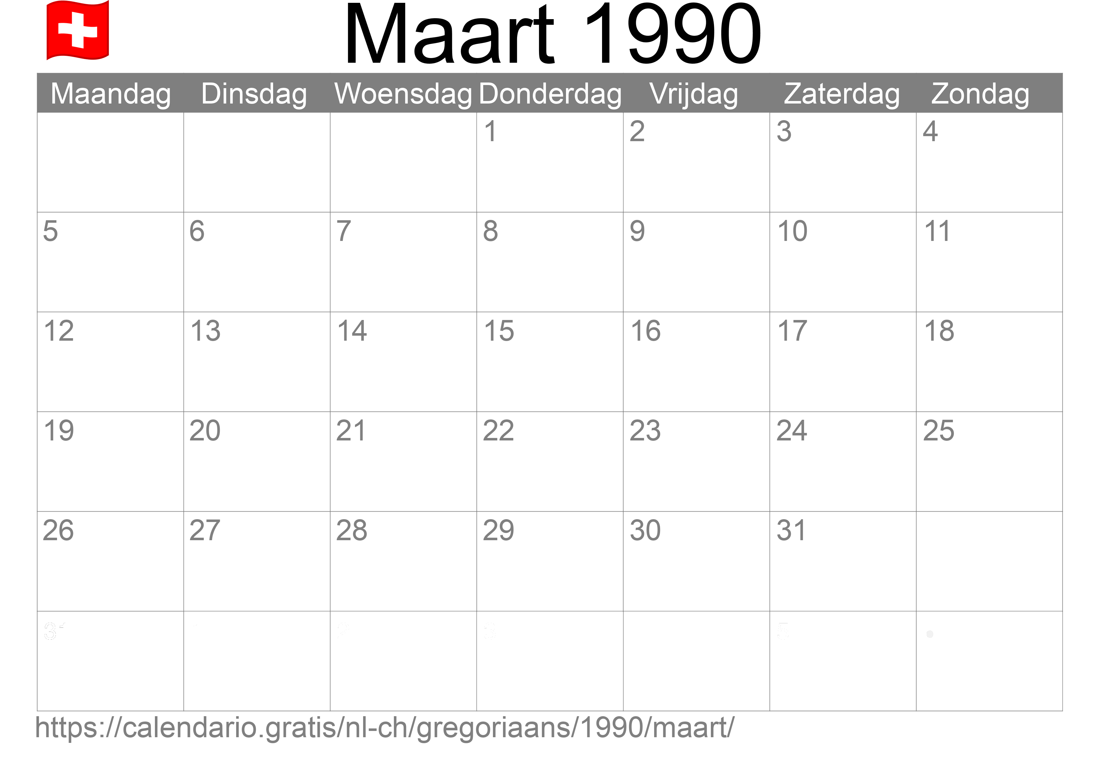 Kalender Maart 1990 om af te drukken