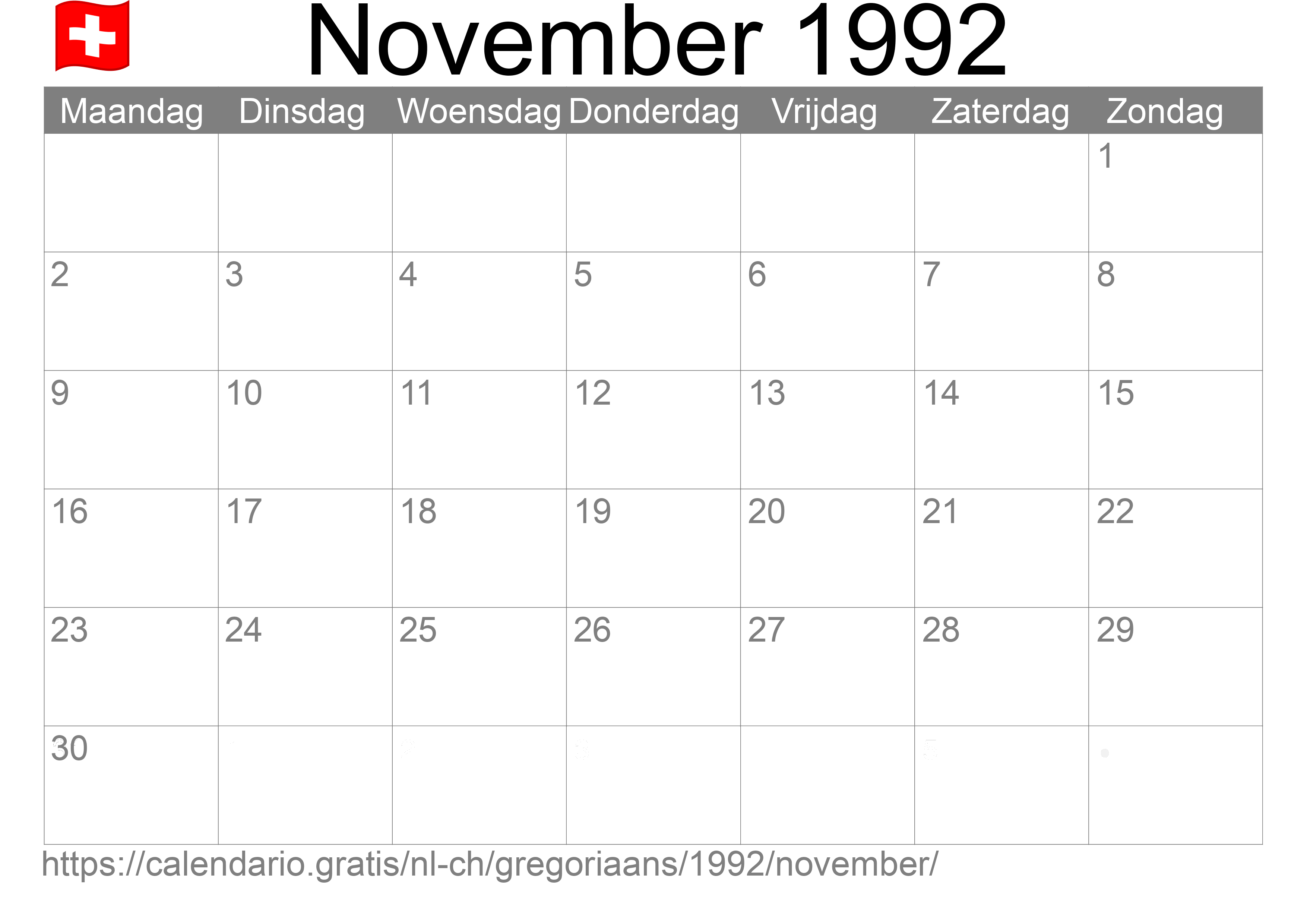 Kalender November 1992 om af te drukken